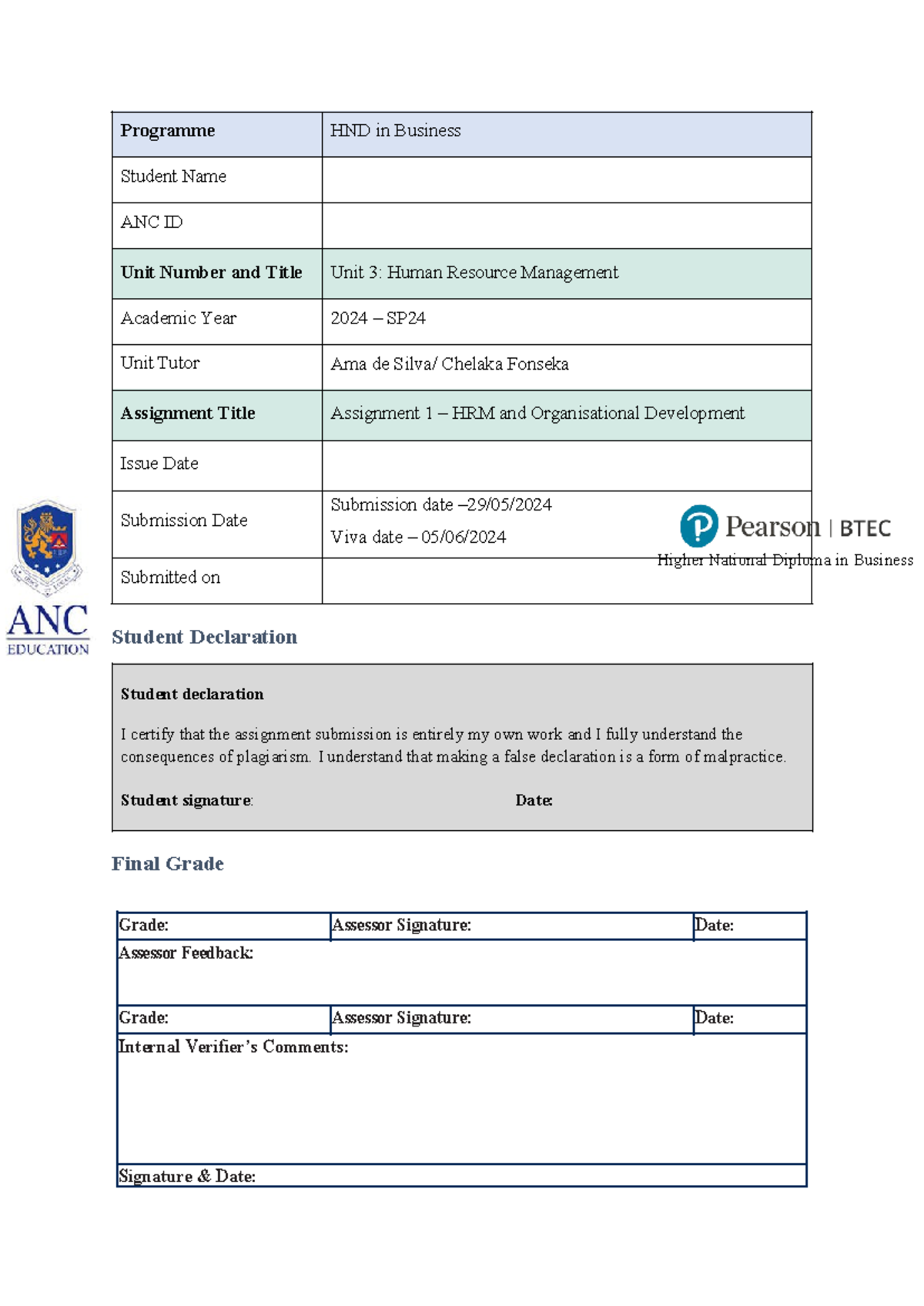 Human Resoruce Management SP24 - Programme HND in Business Student Name ...