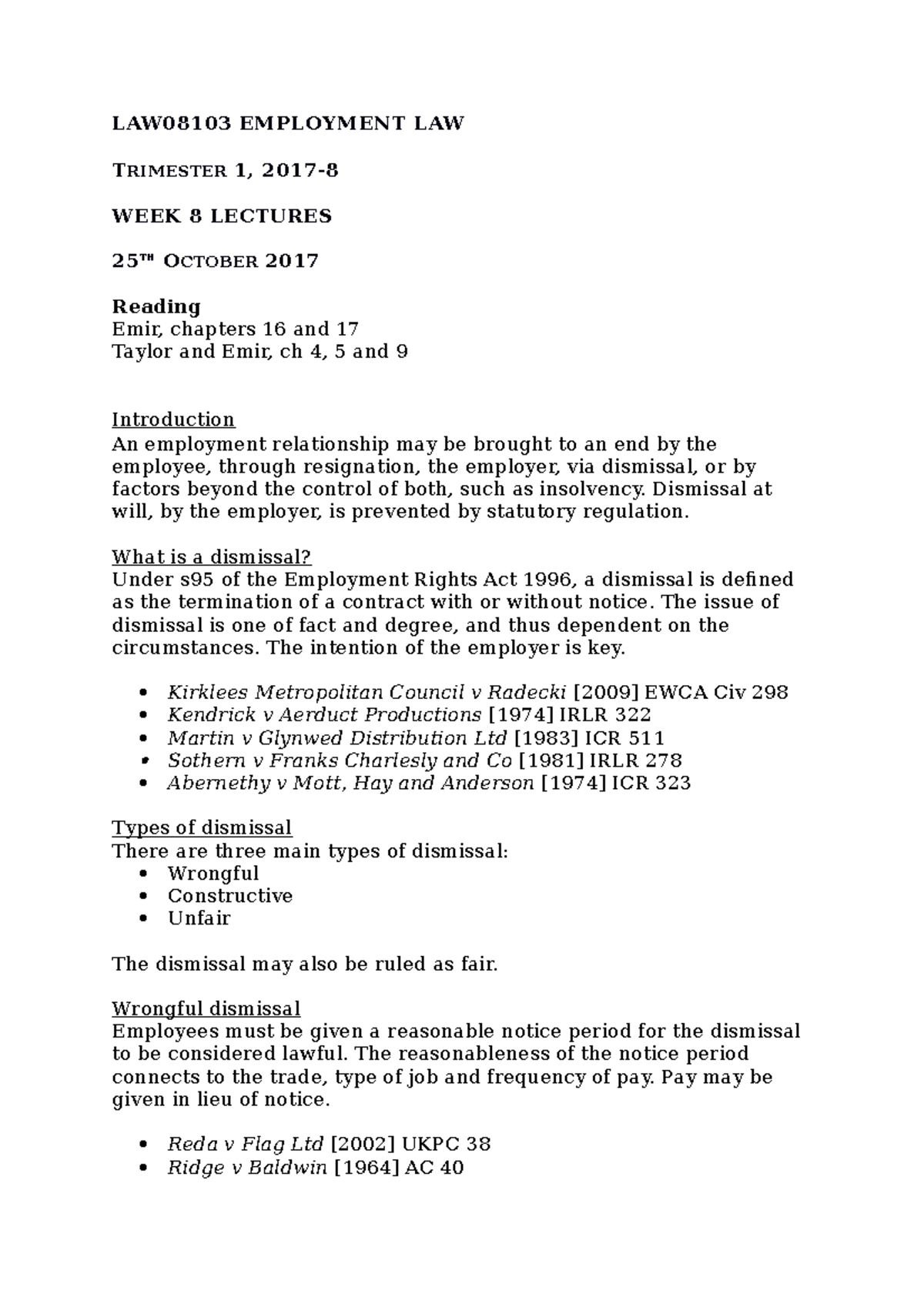 Week 8 handout - Lecture 8 - LAW08103 EMPLOYMENT LAW TRIMESTER 1, 2017 ...