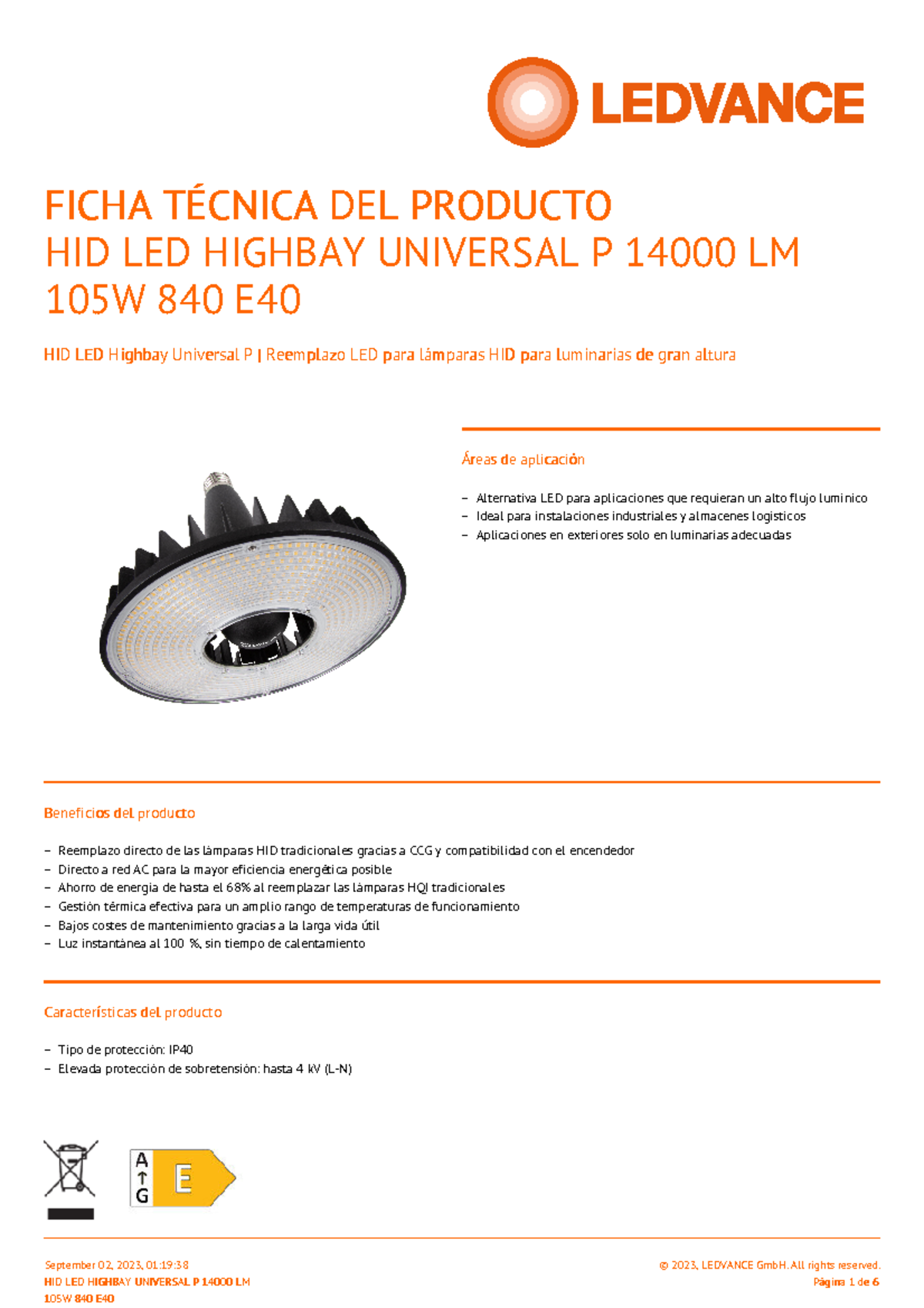 4058075780385 HID LED Highbay Universal P 14000 LM 105W 840 E40 es ...