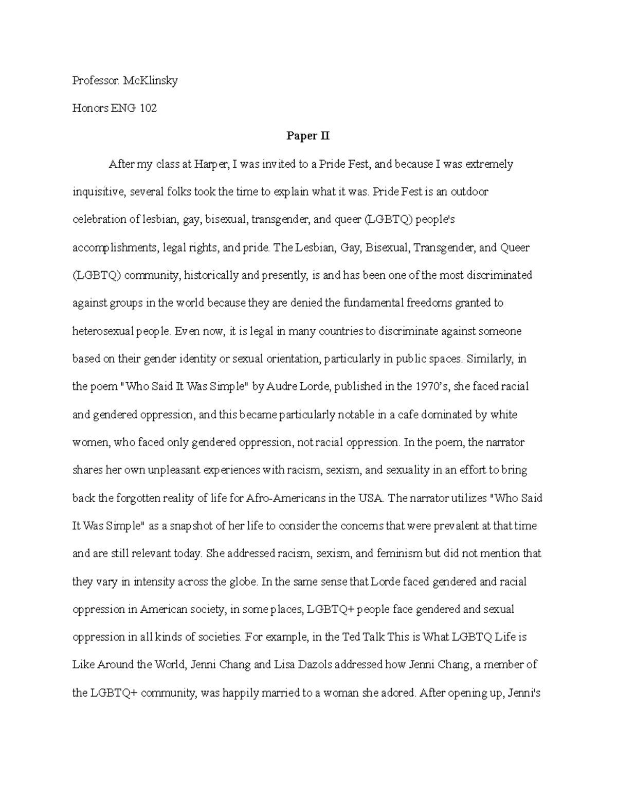 ENG 102 Paper 2 - Professor Mc.Klinsey - Professor. McKlinsky Honors