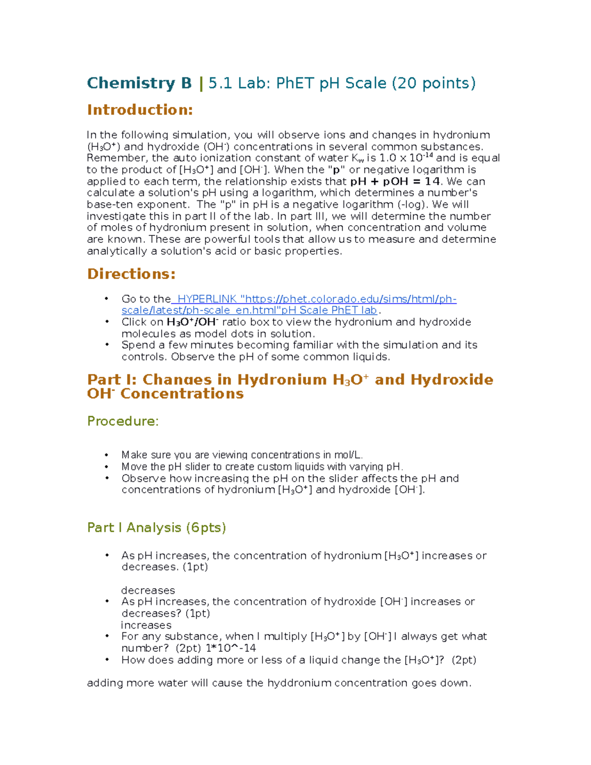 Chemistry B 5.1 Lab Ph ET p H Scale Ahsan Bari Chemistry B 5 Lab