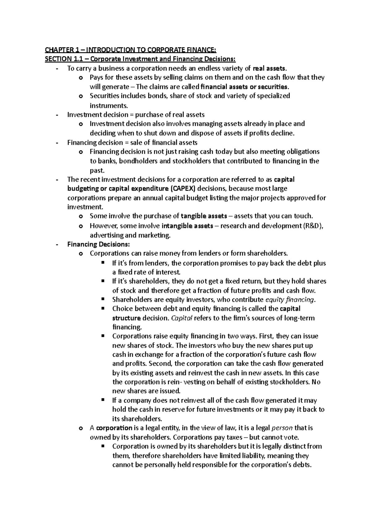 Midterm 1 Notes - Chapter 1-4 - CHAPTER 1 – INTRODUCTION TO CORPORATE ...