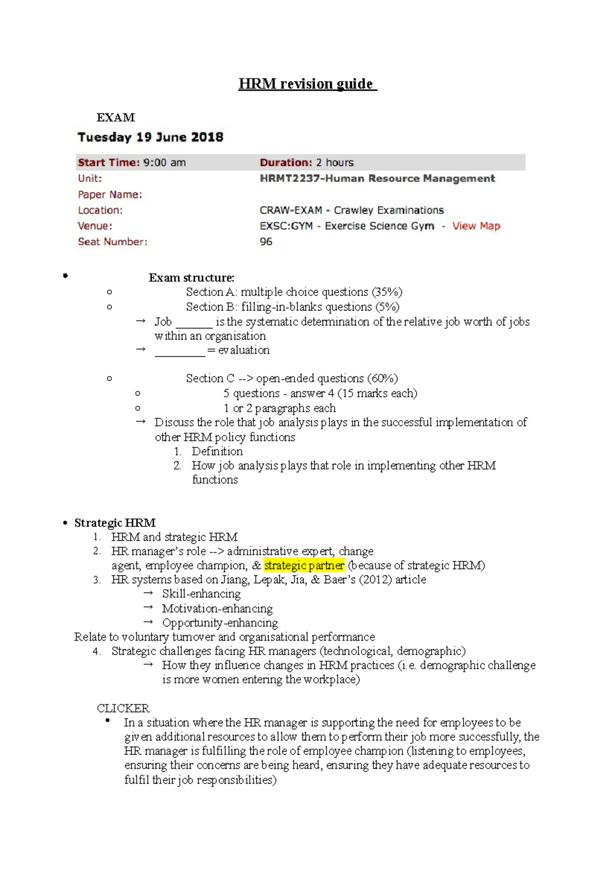 HRM revision guide - Checklist of what will be in exam sem1 - HRM ...