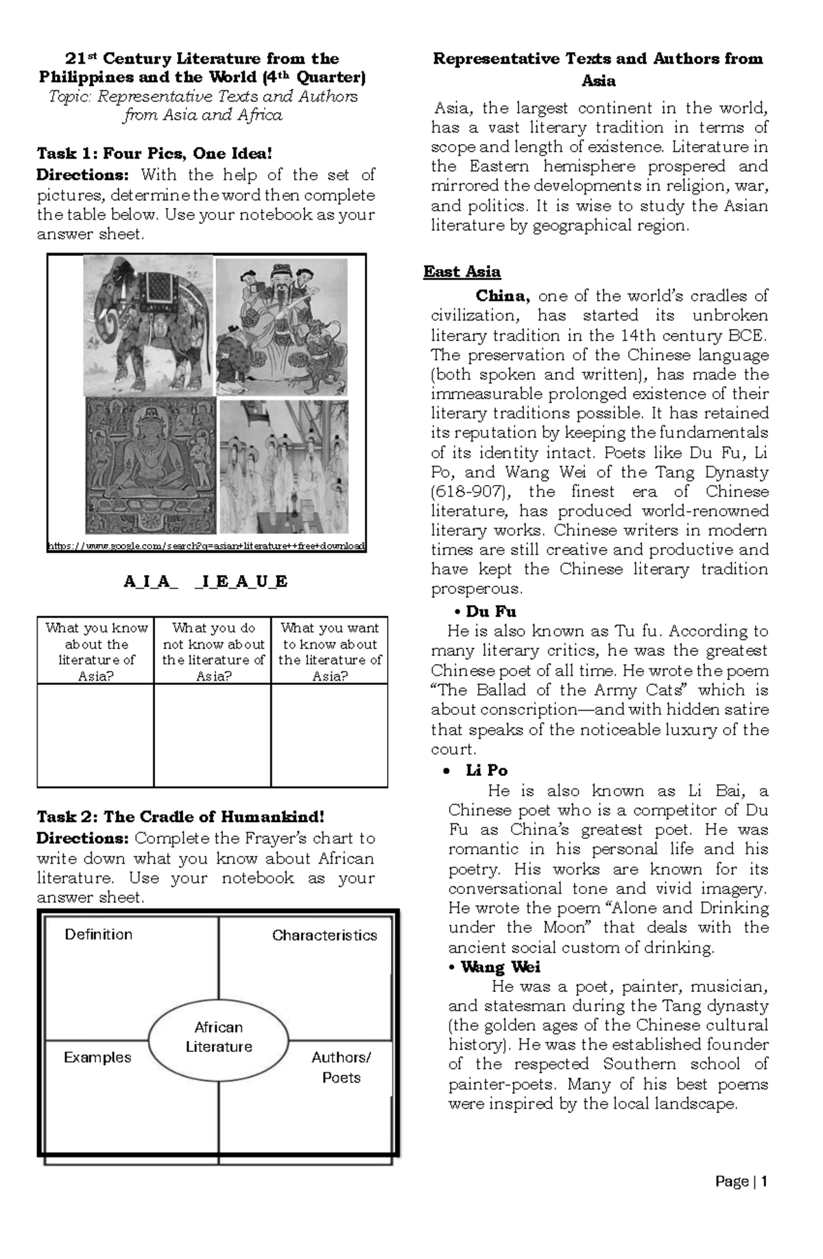 21st Century Literature - Use your notebook as your answer sheet. A_I_A