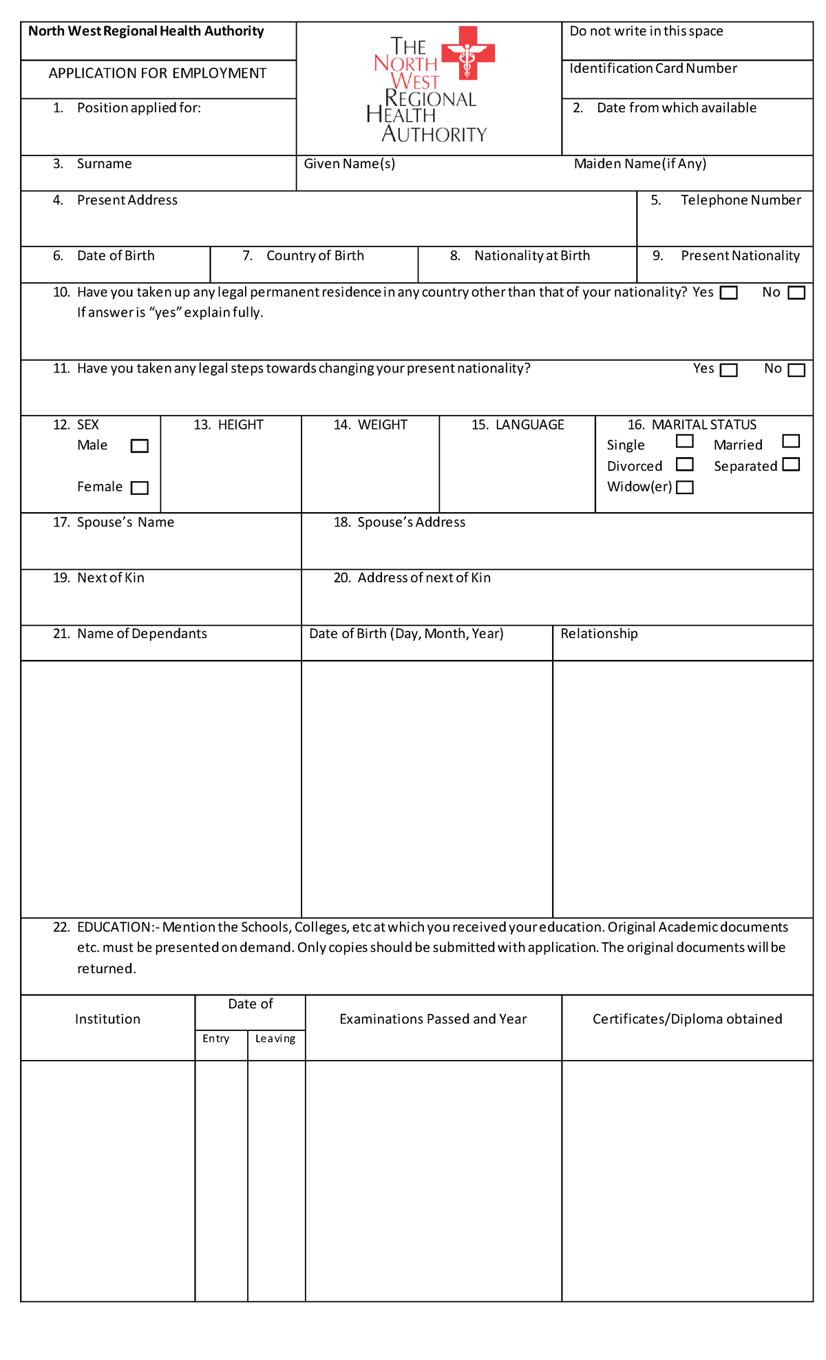 North West Regional Health Authority Application form - North West ...