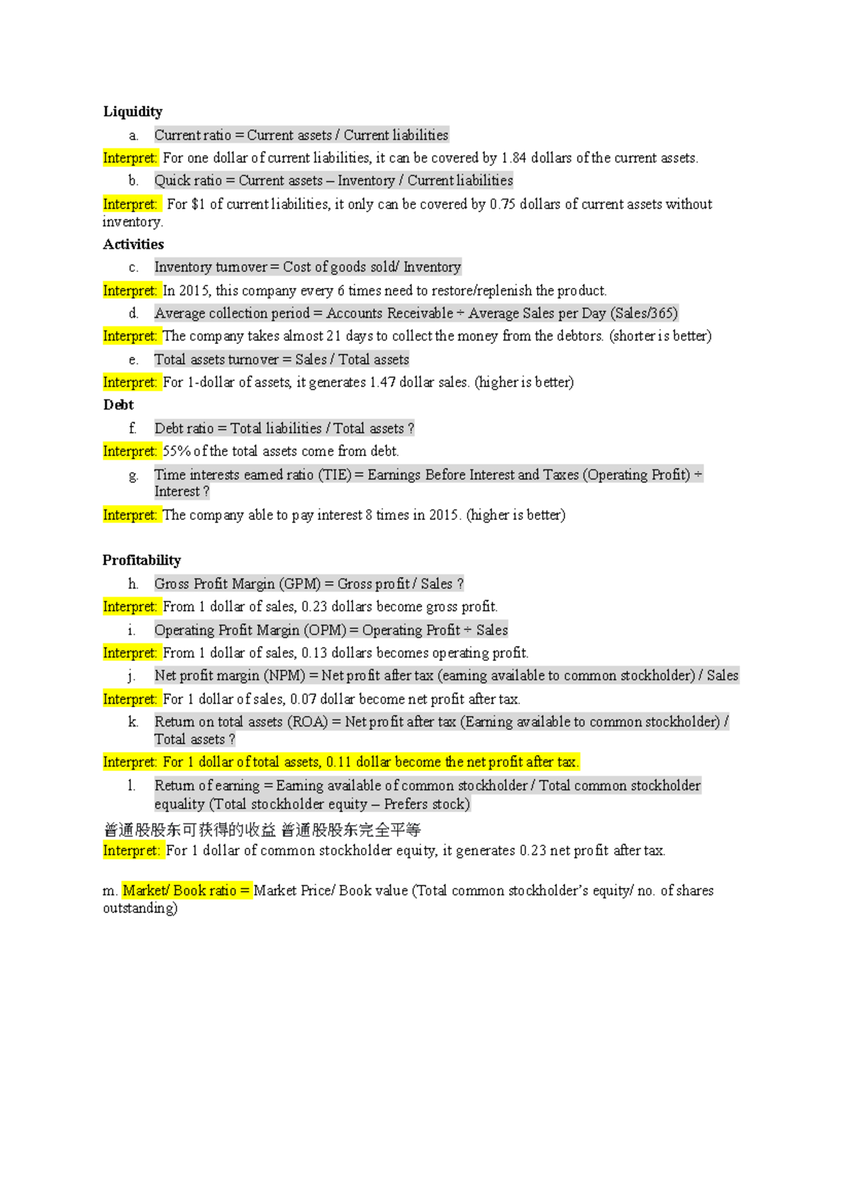 FM formula - cca - Liquidity a. Current ratio = Current assets ...