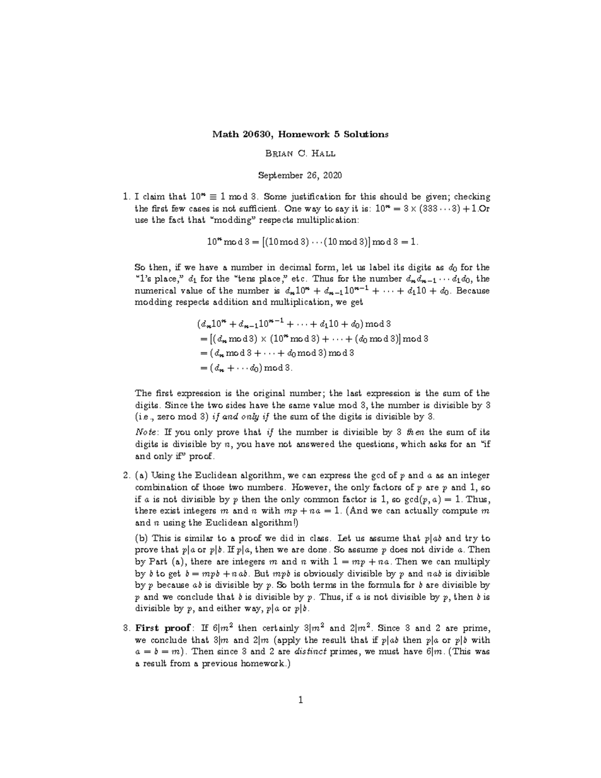 HW5soln - Brian C. Hall - Math 20630, Homework 5 Solutions Brian C ...