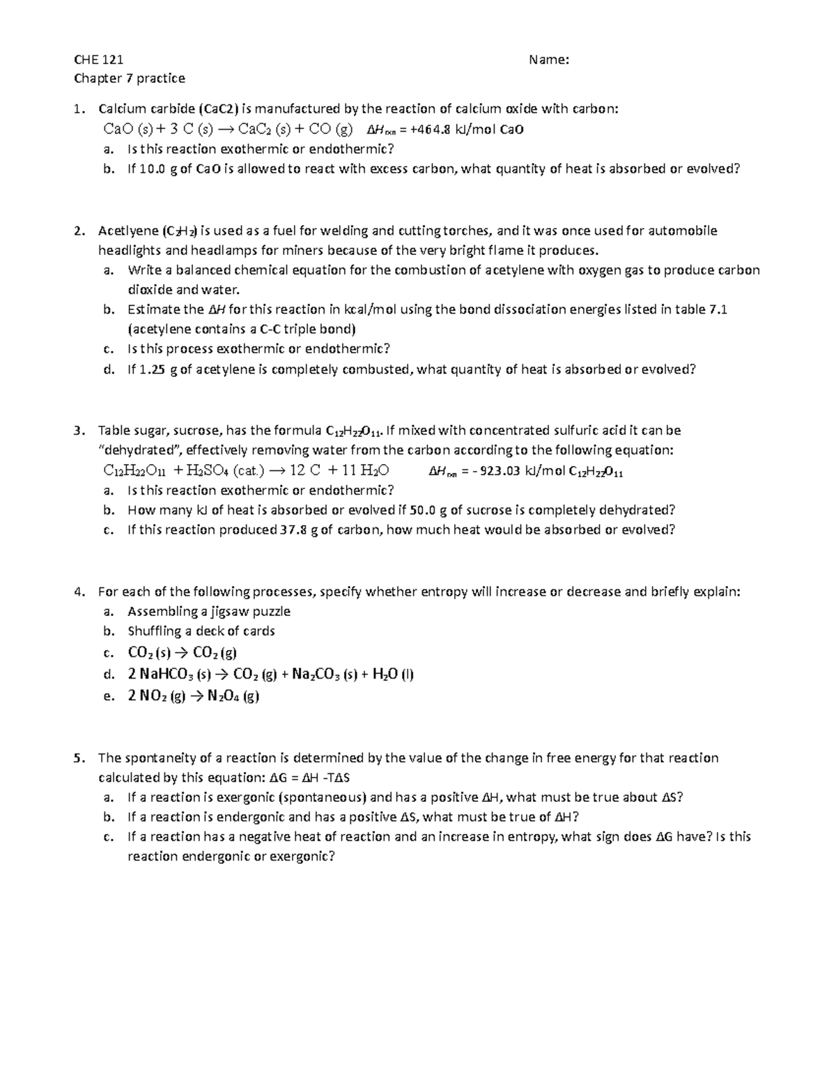 Chapter 7 Practice - Che 121 Name: Chapter 7 Practice Calcium Carbide 