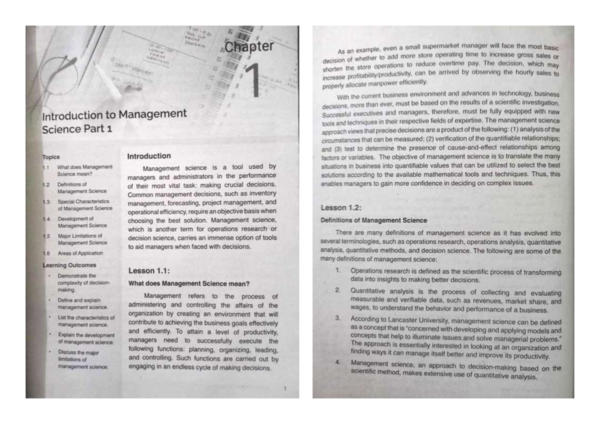 Management Science - Chapter 1 & 2 - Chapter As an example, even a ...