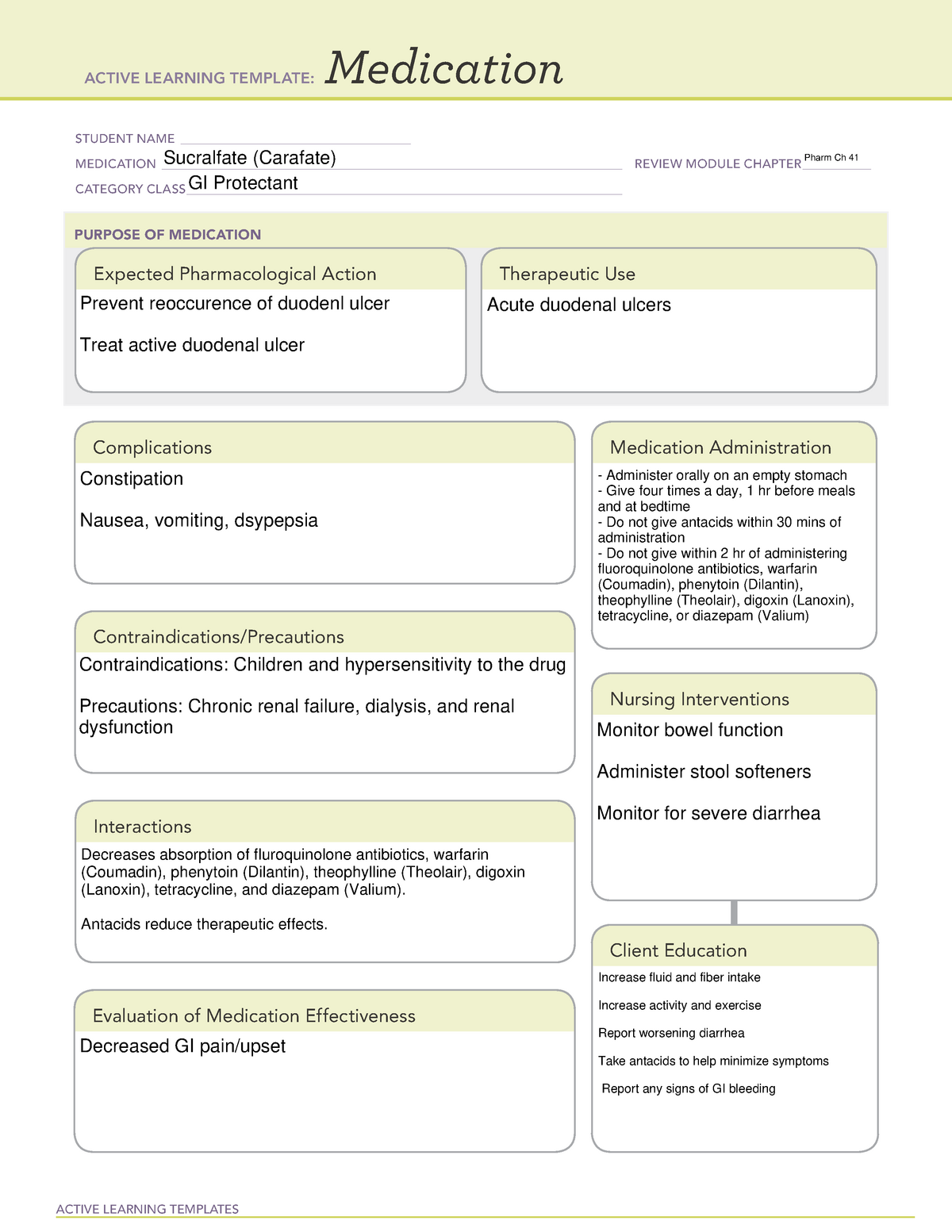 Medication Card Carafate on ATI Template ACTIVE LEARNING TEMPLATES