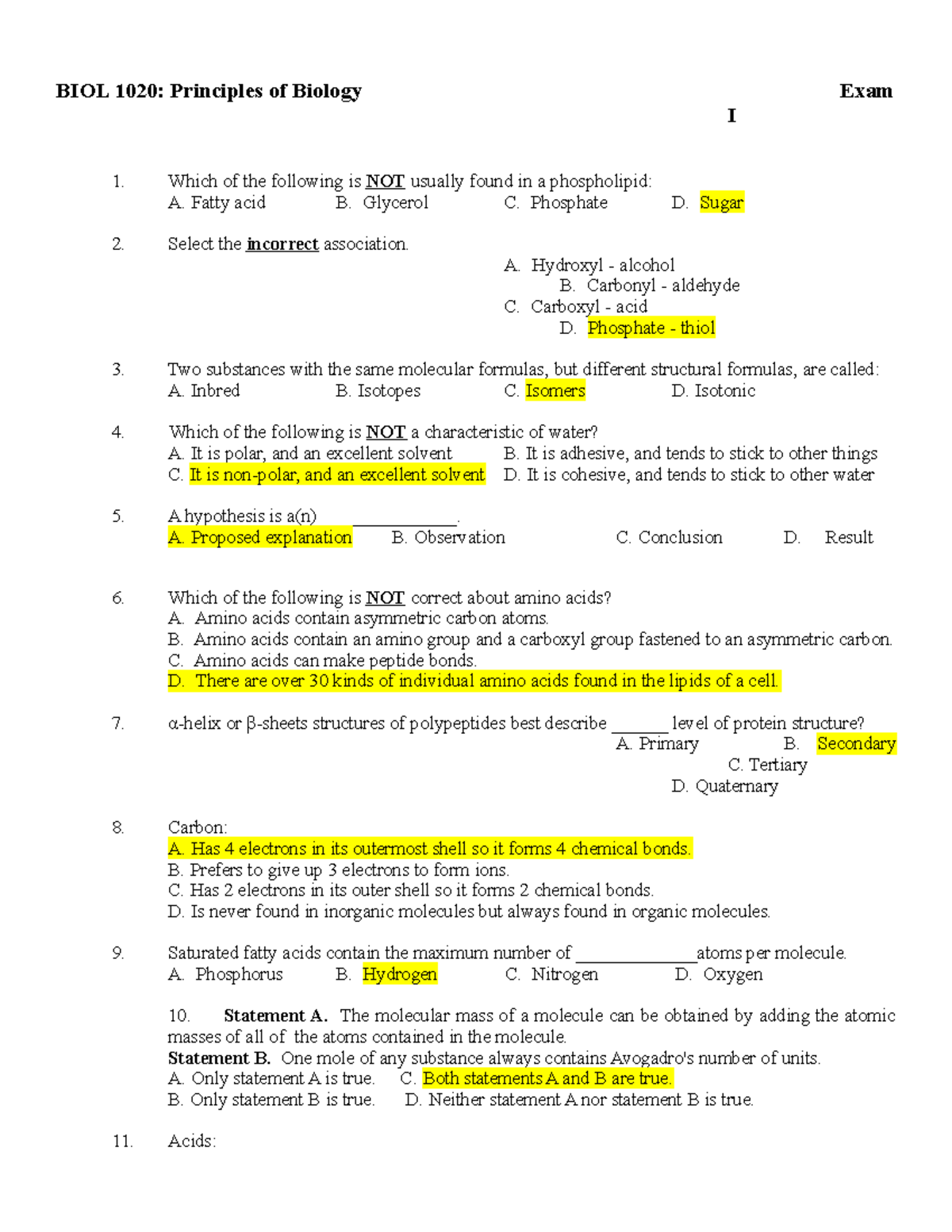 Exam i 4 March 2016, questions and answers - BIOL 1020: Principles of ...