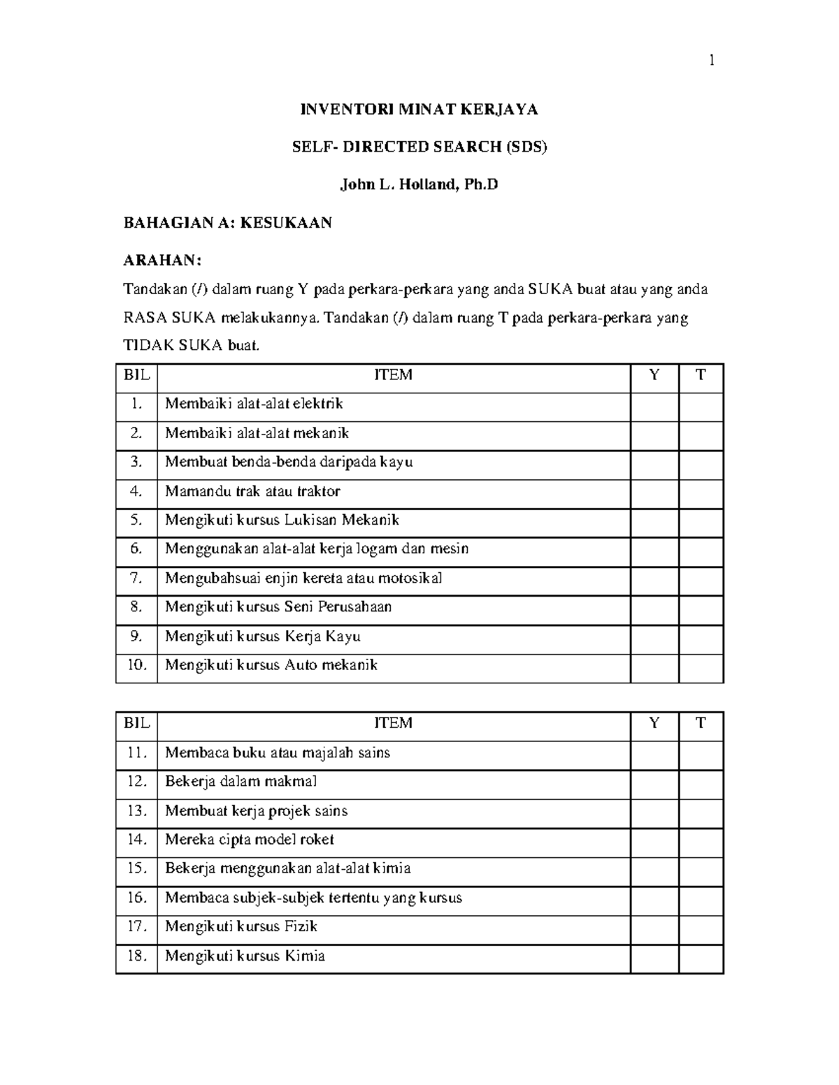 Inventori Minat Kerjaya SDS INVENTORI MINAT KERJAYA SELF DIRECTED