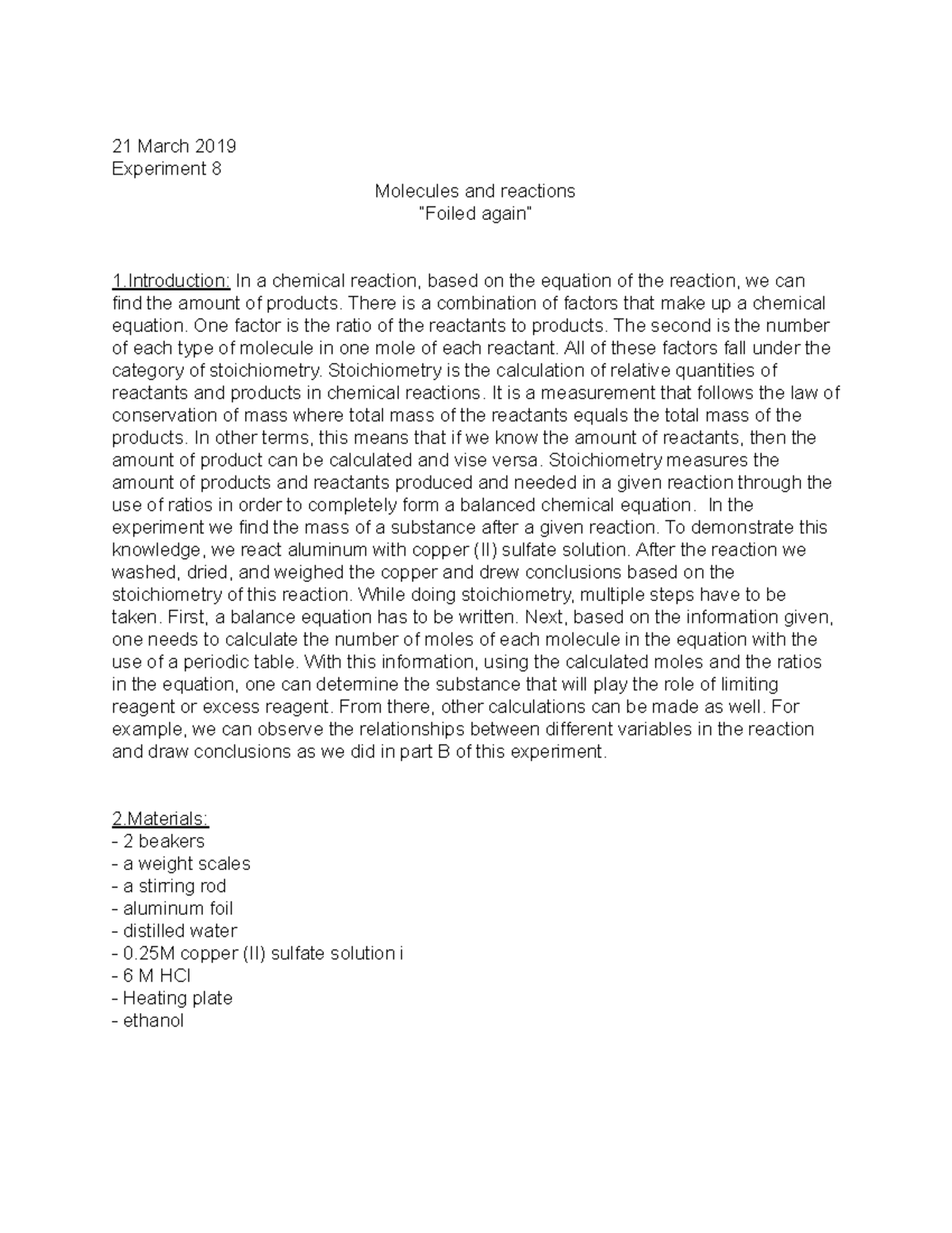 Lab Report 88 - 21 March 2019 Experiment 8 Molecules And Reactions