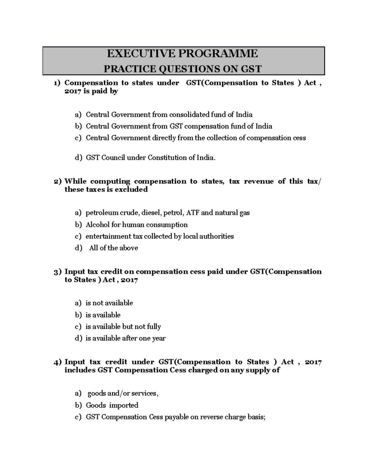 MCQs GST Exec Prog - EXECUTIVE PROGRAMME PRACTICE QUESTIONS ON GST ...