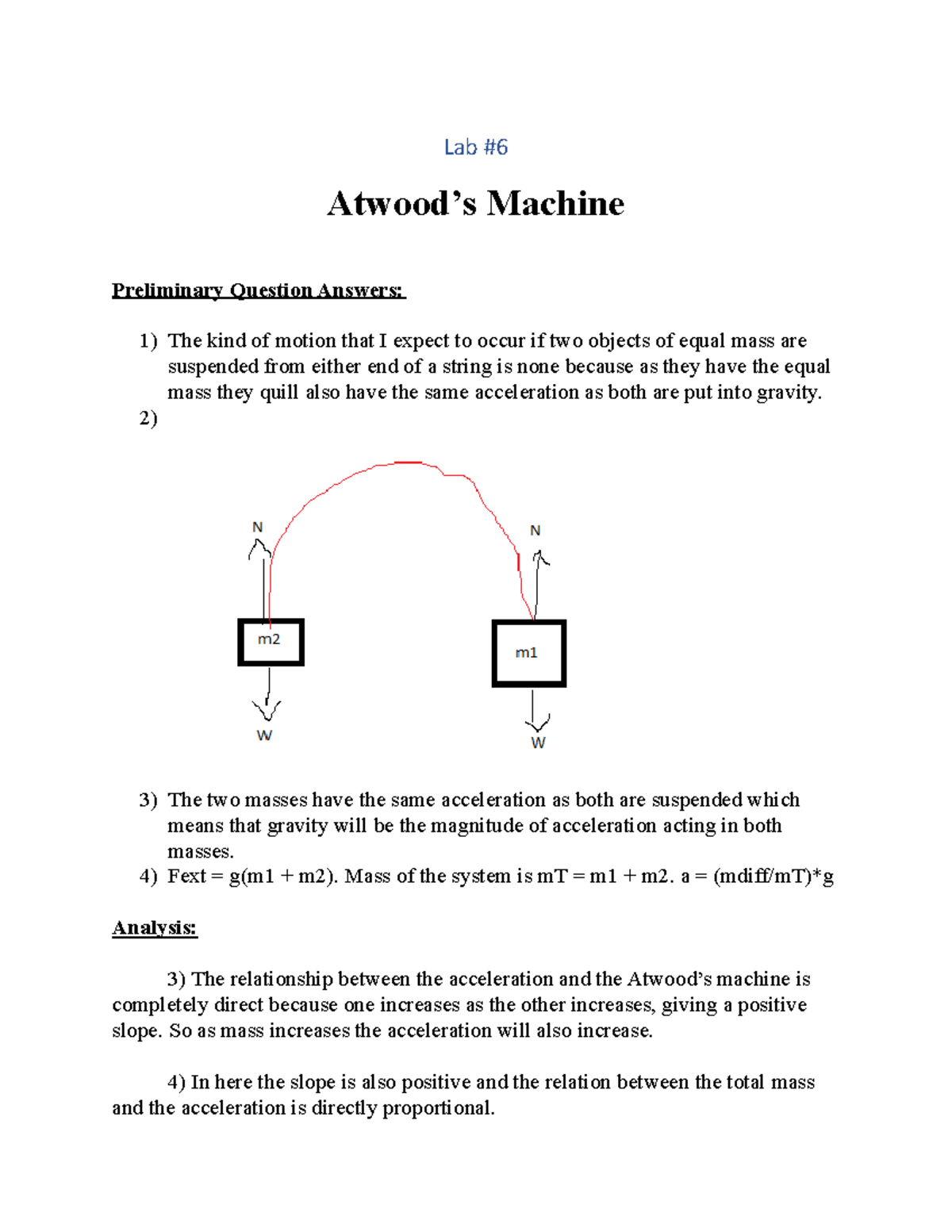 Laboratory Report 6 Lab Atwood’s Machine Preliminary Question Answers