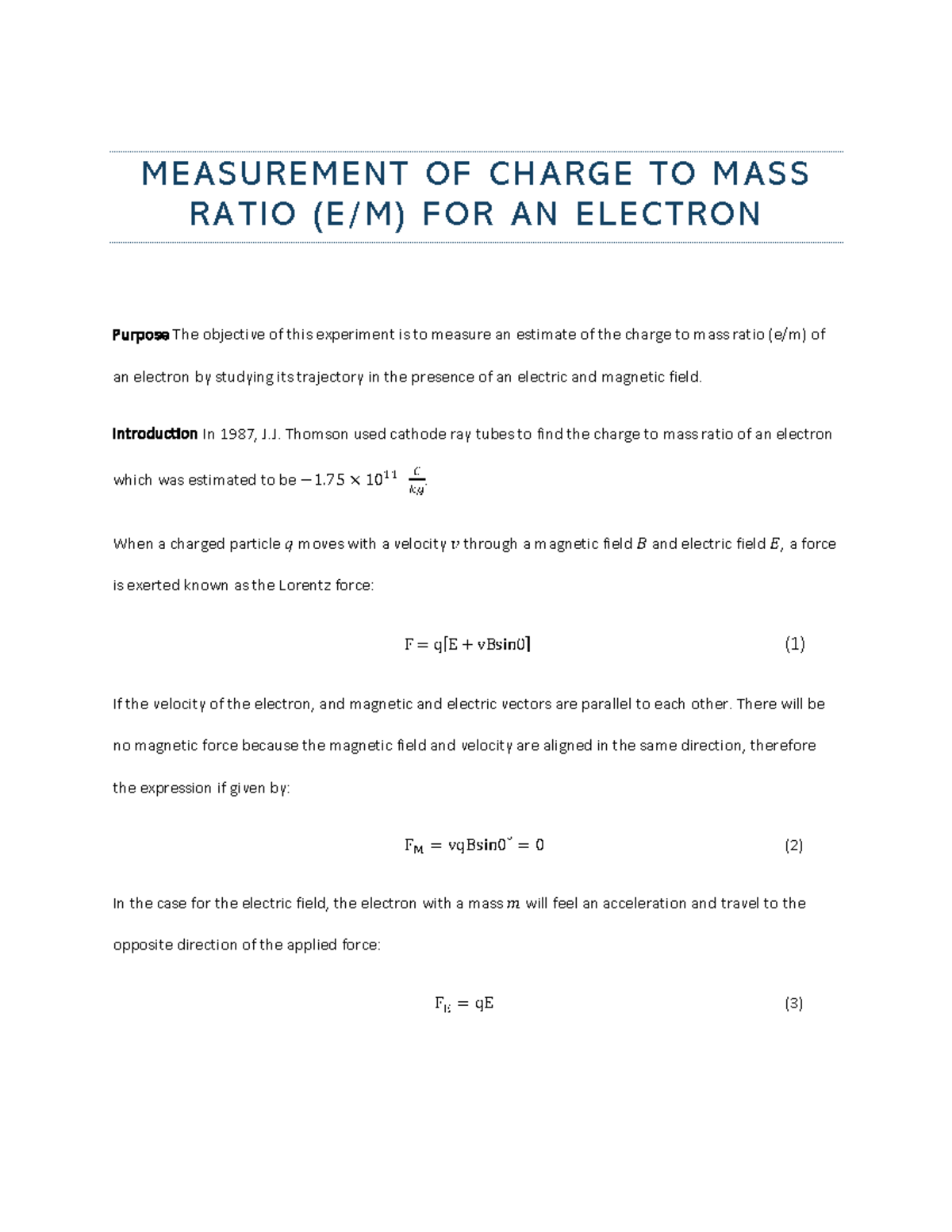 Em ratiolab This is a finished lab report based on the em ratio lab