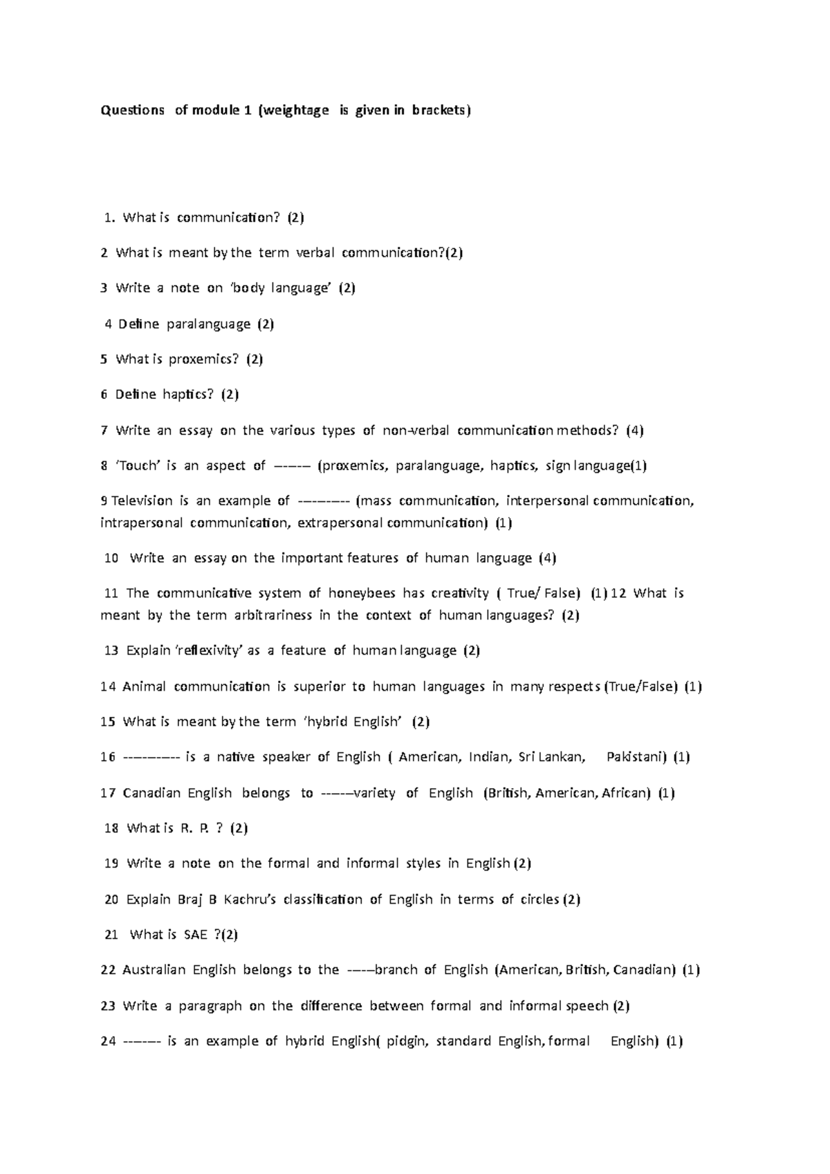 Questions of first Module - Questions of module 1 (weightage is given ...