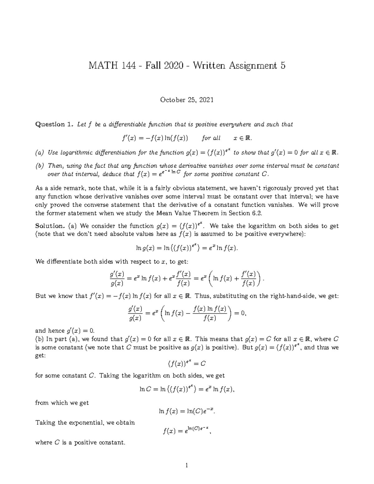 Assignment 5 solutions - MATH 144 - Fall 2020 - Written Assignment 5 ...