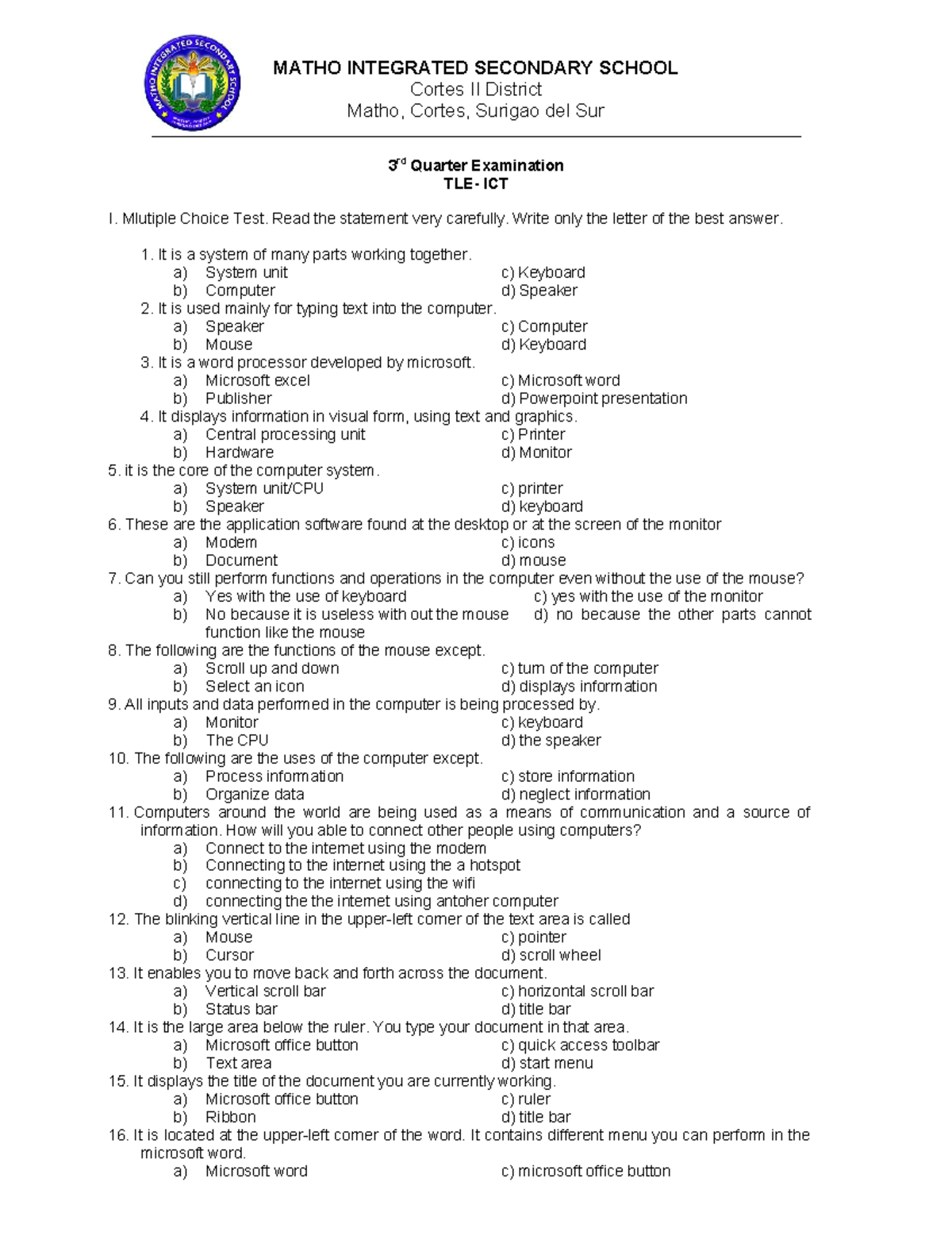 430205994 3rd Quarter Examination Tle Ict Grade 7 - MATHO INTEGRATED ...