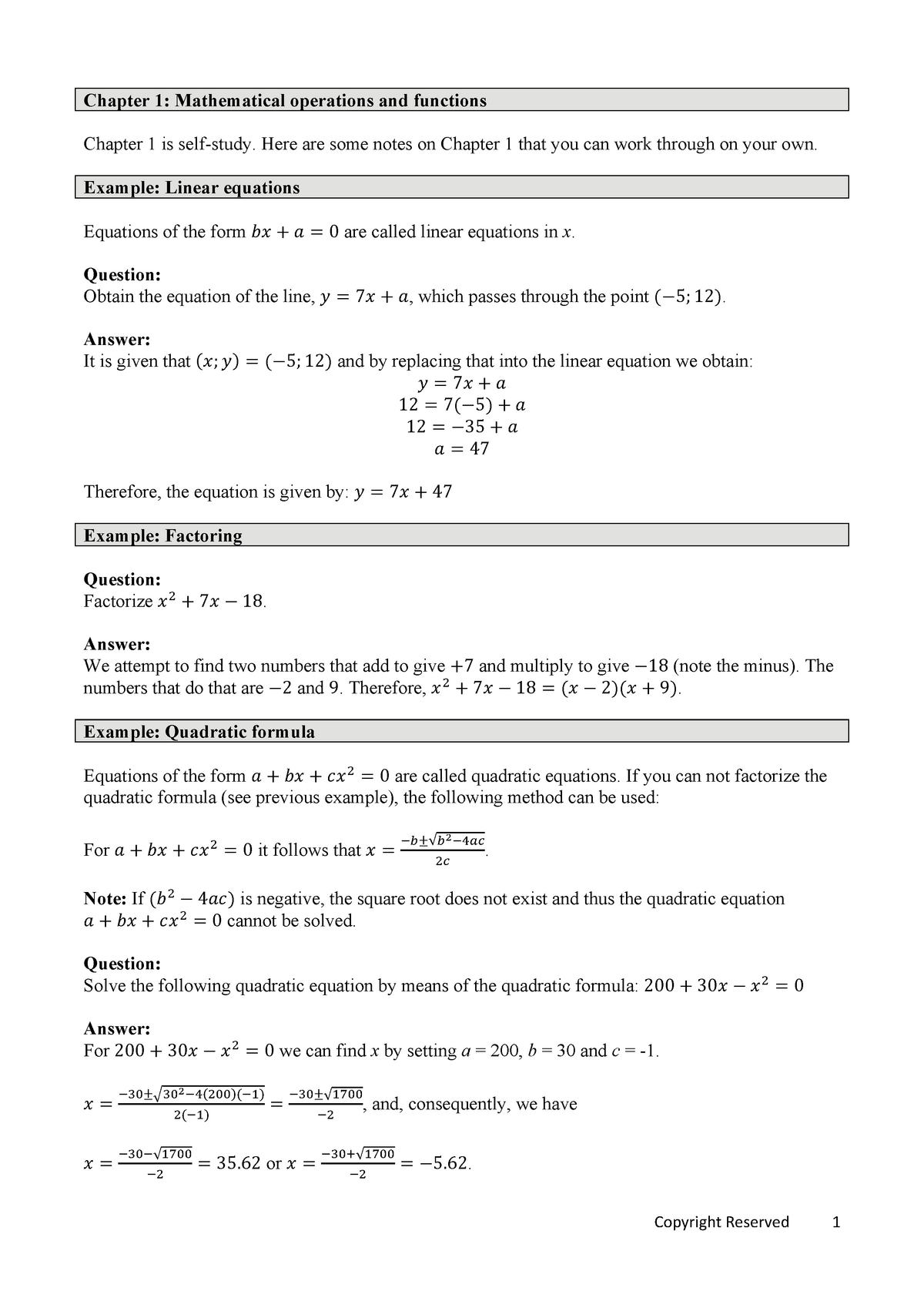 Mathematical Operations and Functions - Self Tuiution - Copyright ...