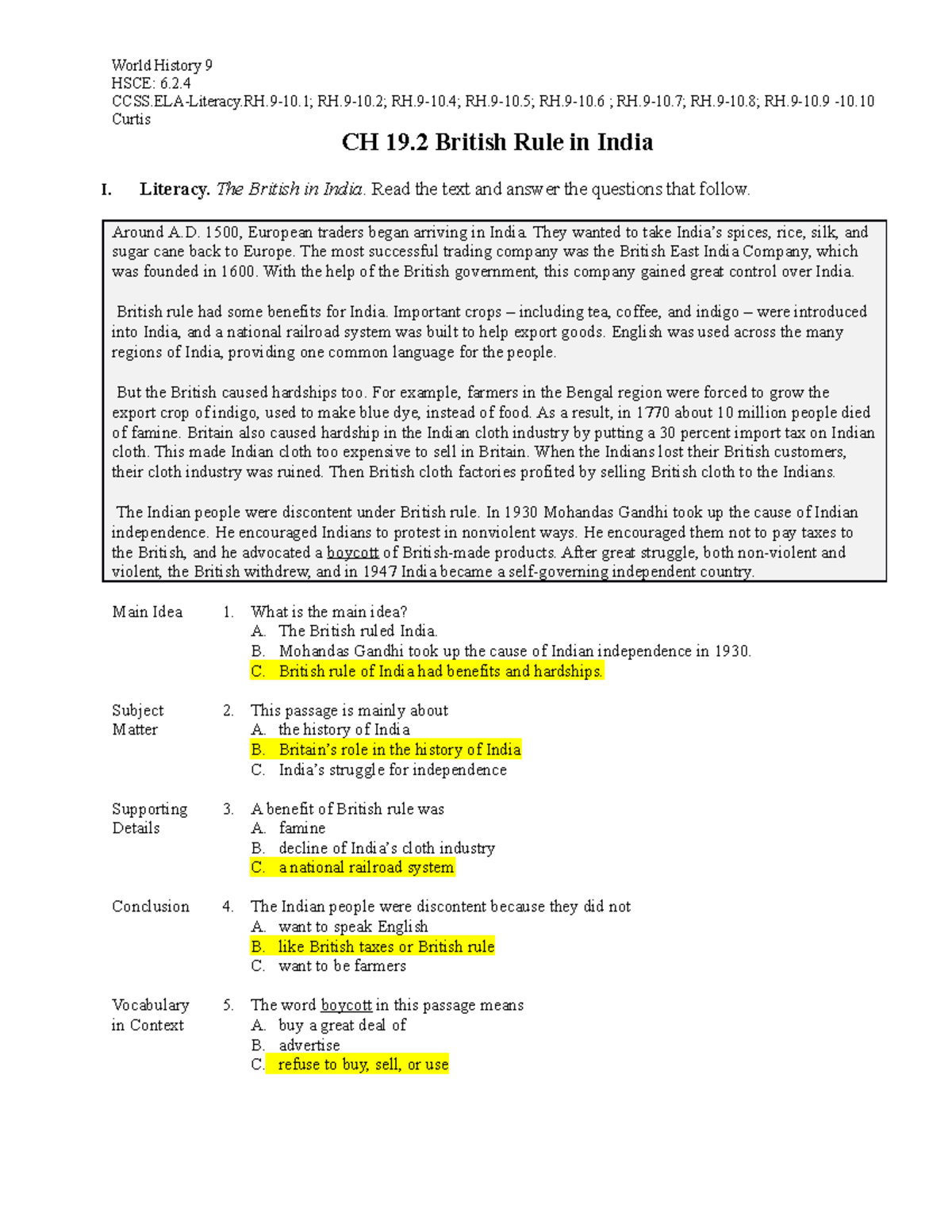 British Rule in India - wkst - World History 9 HSCE: 6. CCSS.ELA ...