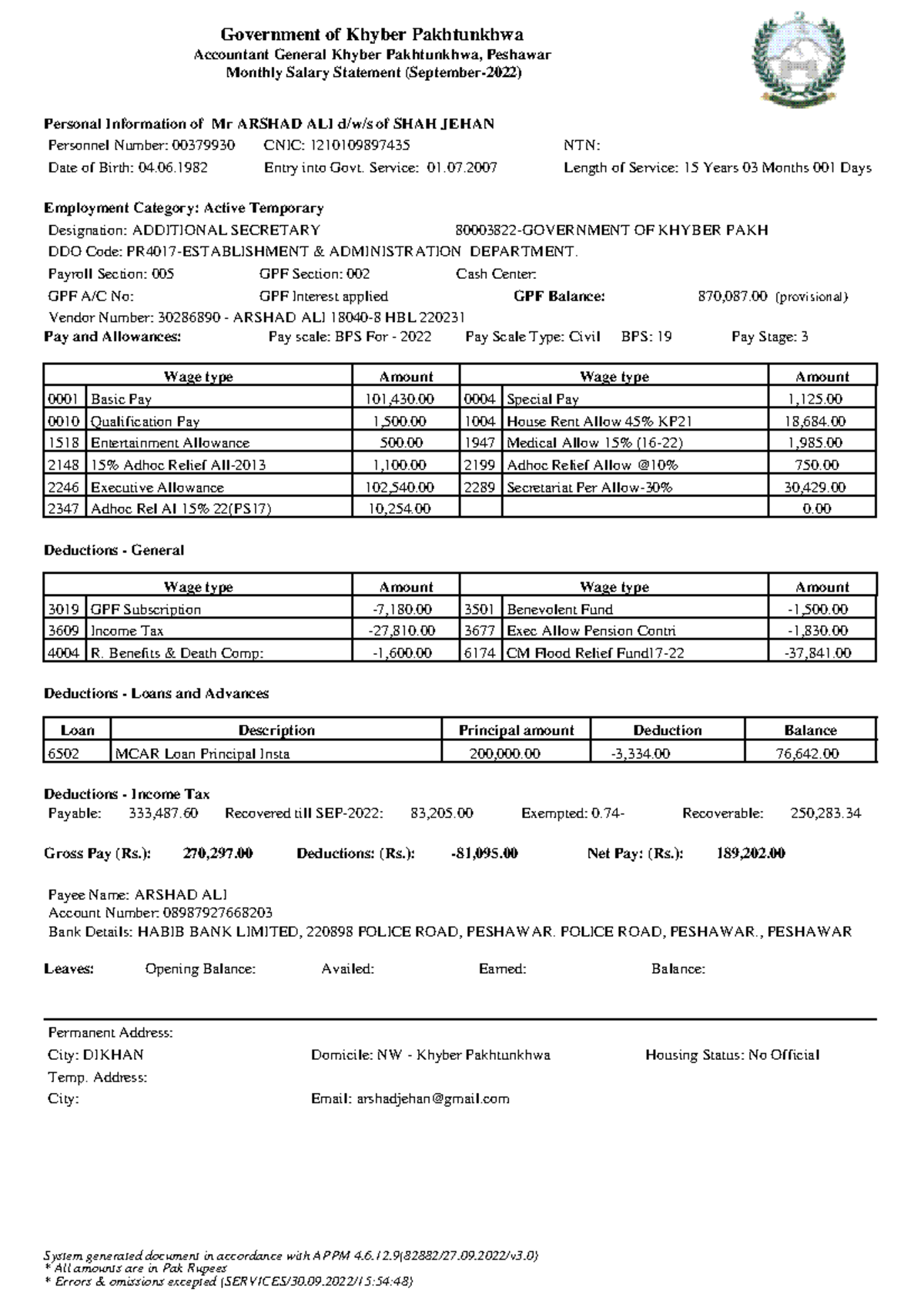 Salary slip ( 00379930 September , 2022 ) Government of Khyber