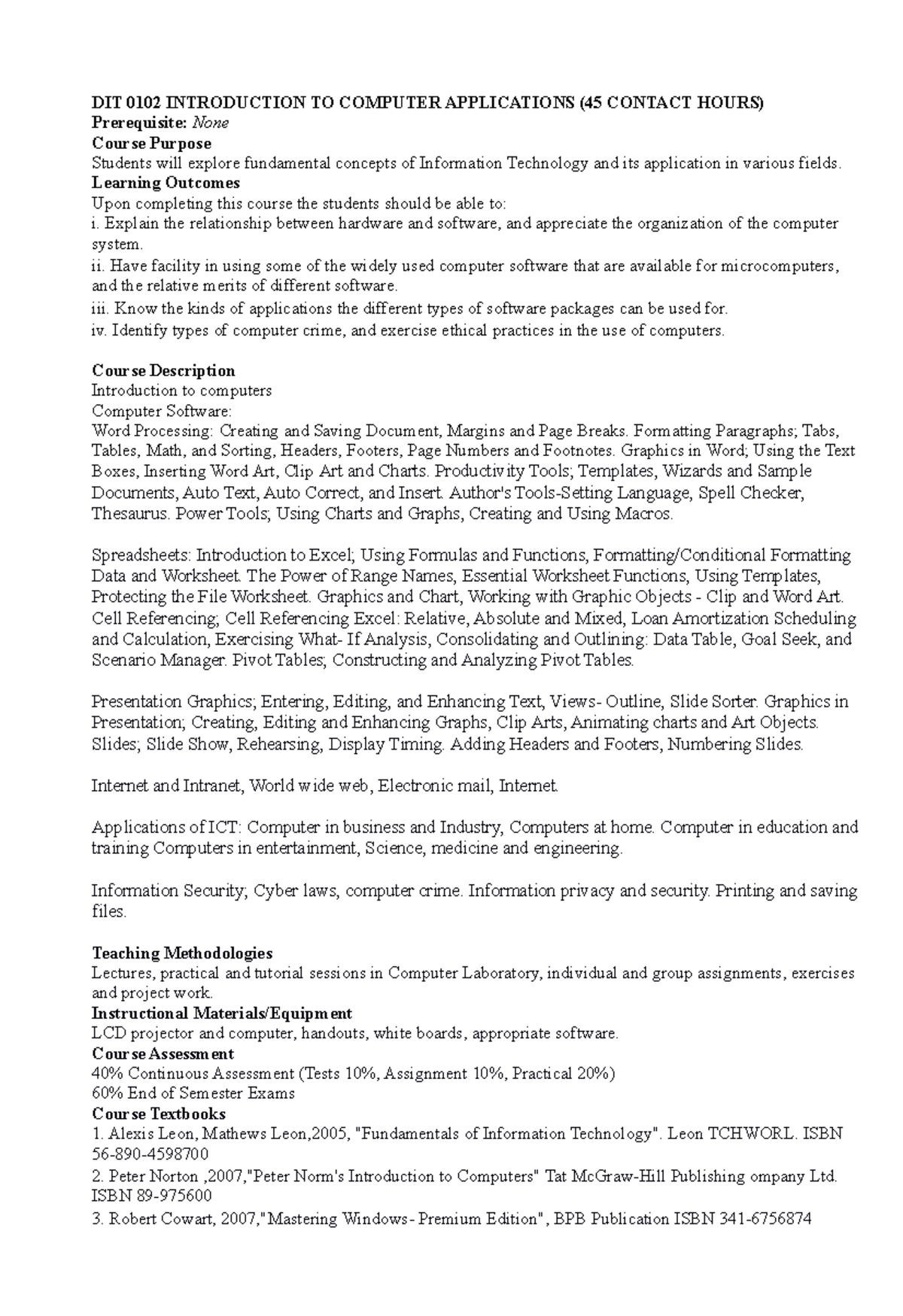 DIT 0102 Comp Applications Course Outline - DIT 0102 INTRODUCTION TO ...