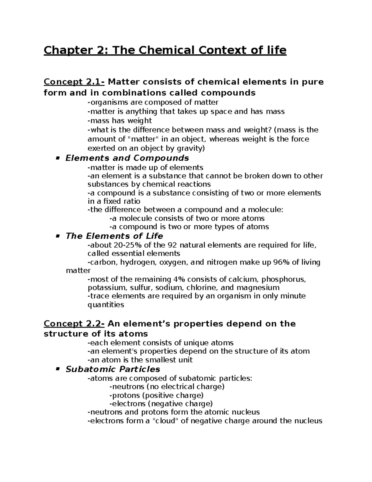 Chapter 2 Bio Notes (fixed) - Chapter 2: The Chemical Context of life ...