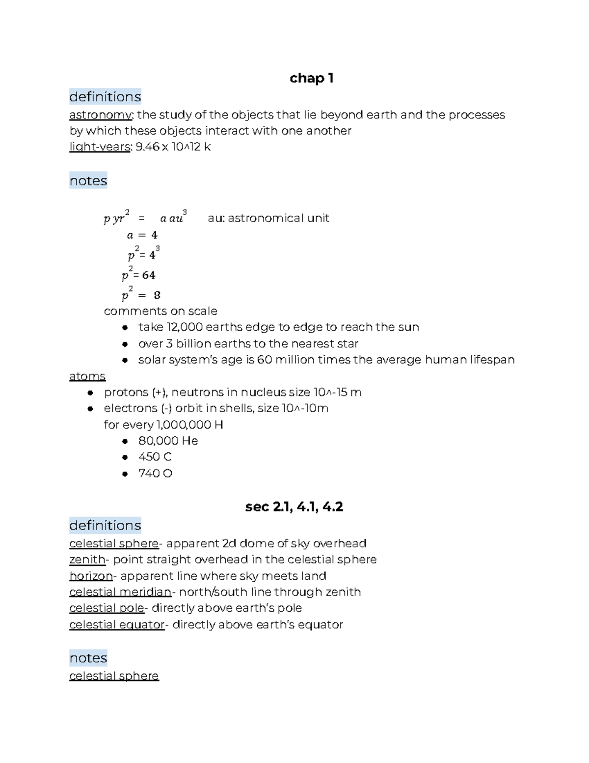 Astronomy Chap 1, Sec 2.1, 4.1, 4.2 - Chap 1 Definitions Astronomy: The ...