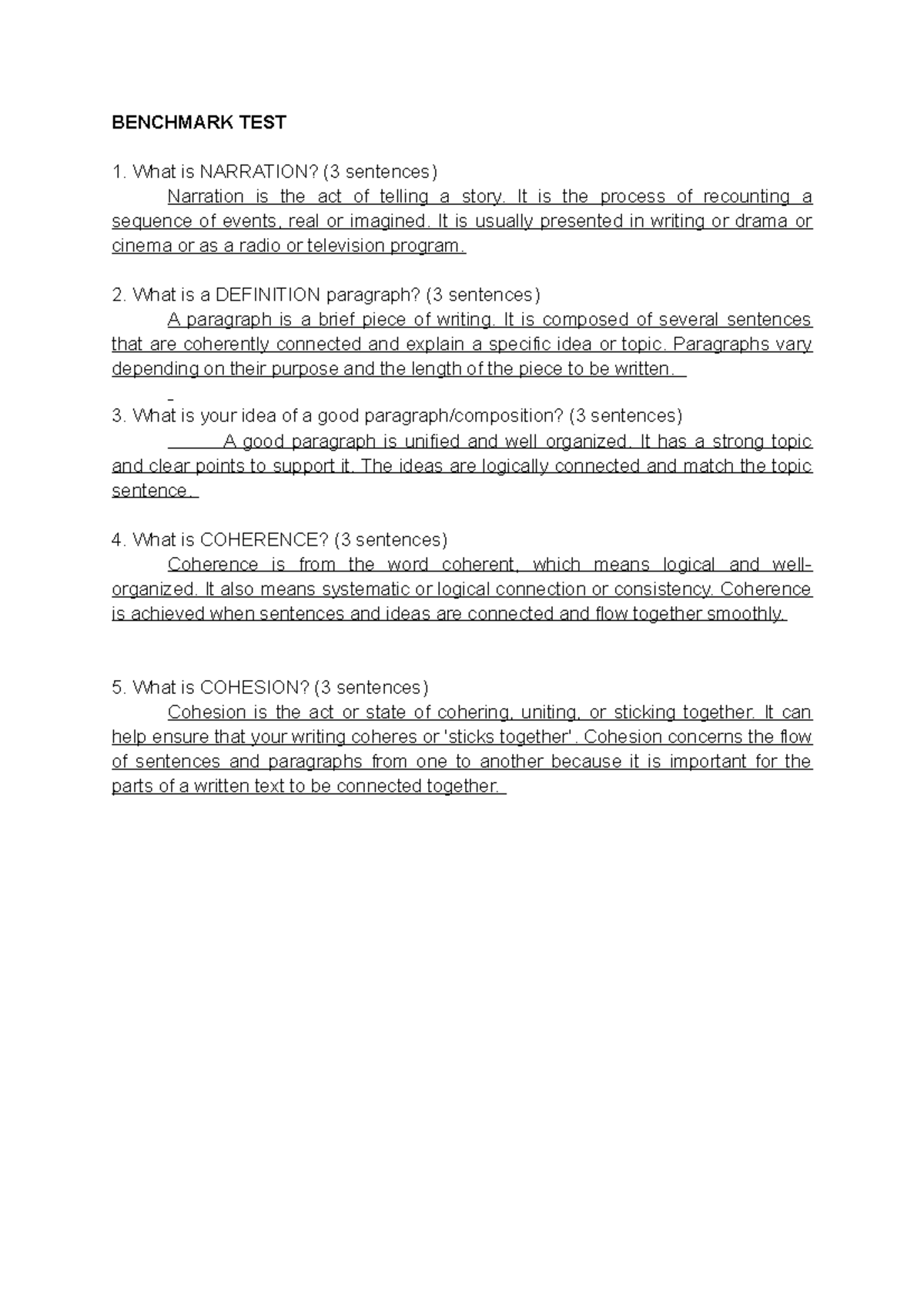 Reading and Writing Skills Module 3 BENCHMARK TEST What is NARRATION