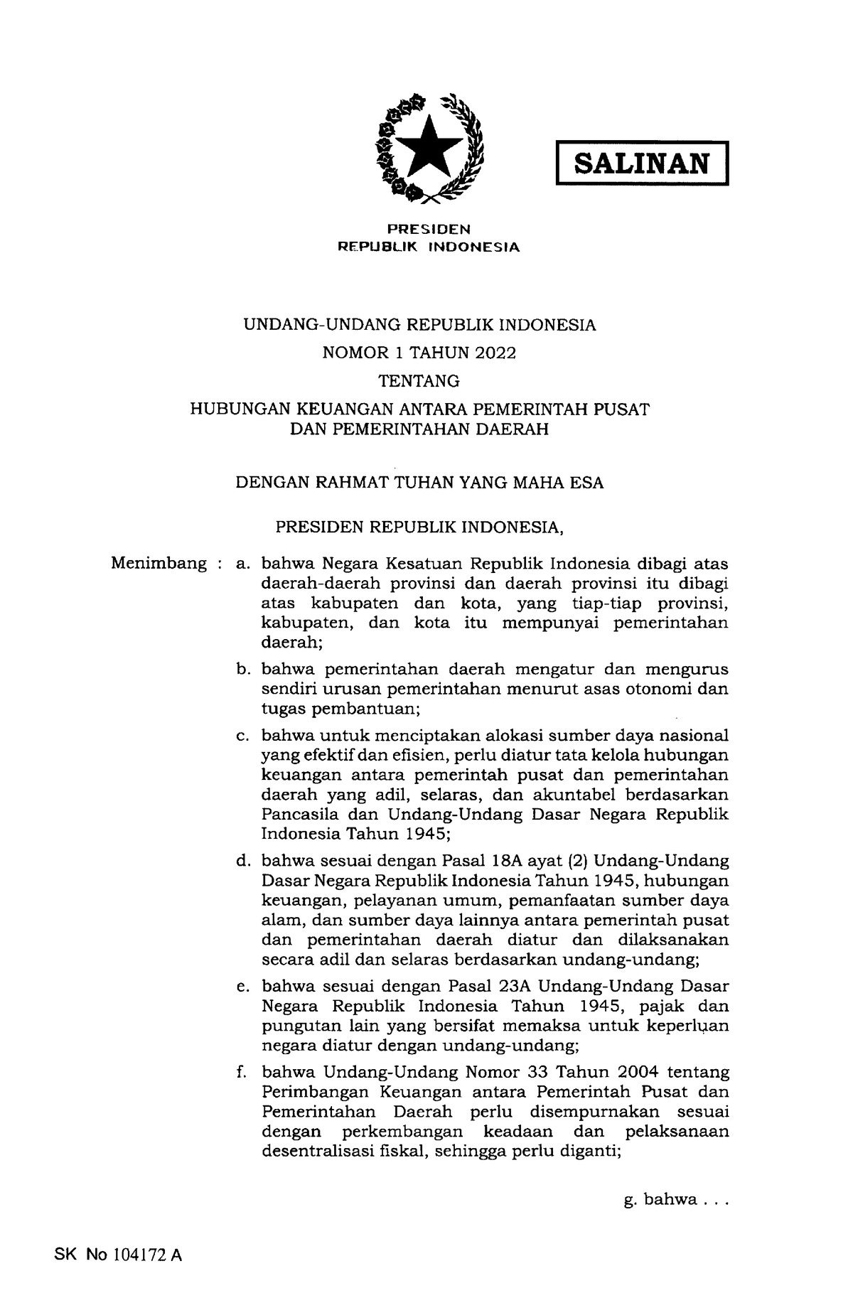 Salinan UU Nomor 1 Tahun 2022 - Menimbang PRESIOEN REPUELIK INDONESIA ...