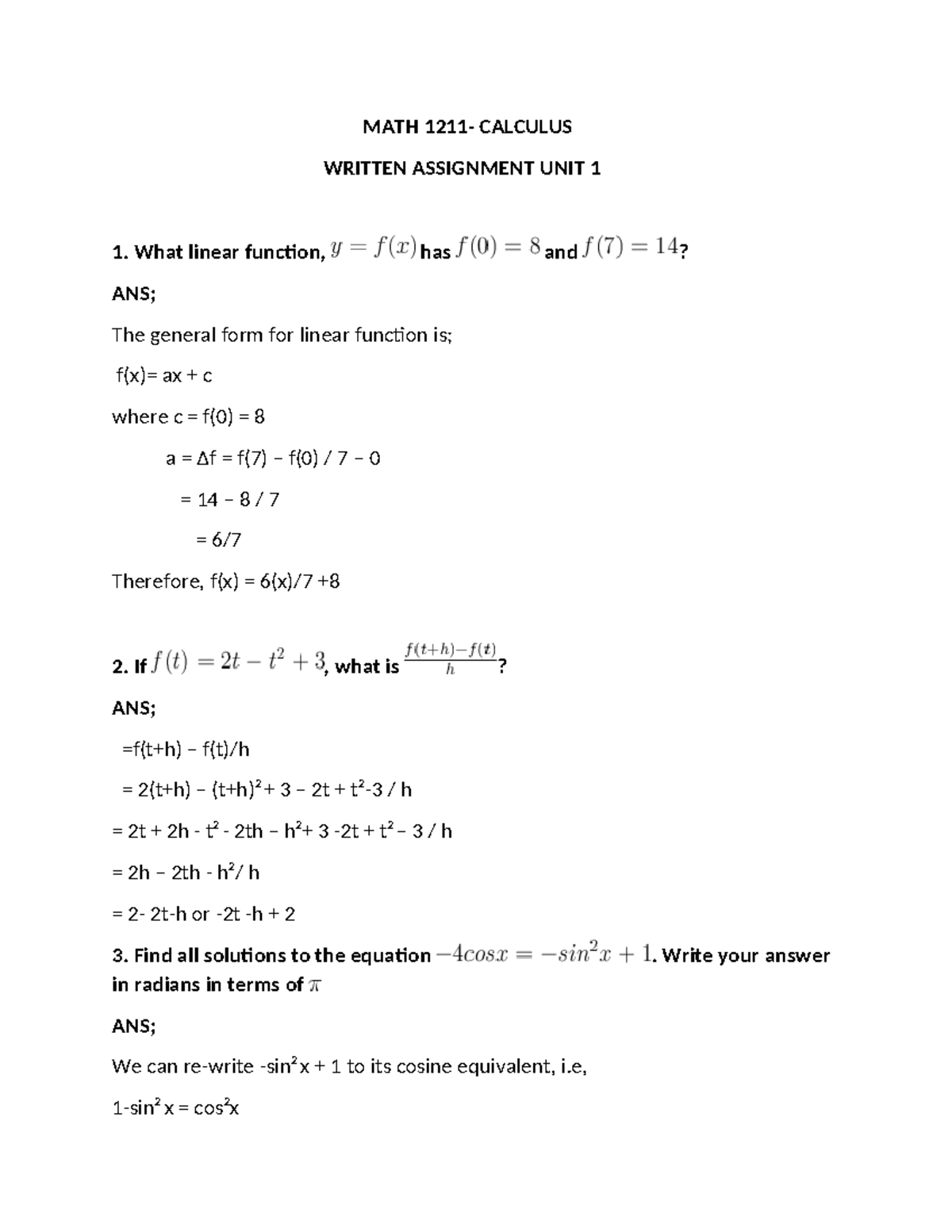 Written Assignment Unit 1 - MATH 1211- CALCULUS WRITTEN ASSIGNMENT UNIT ...