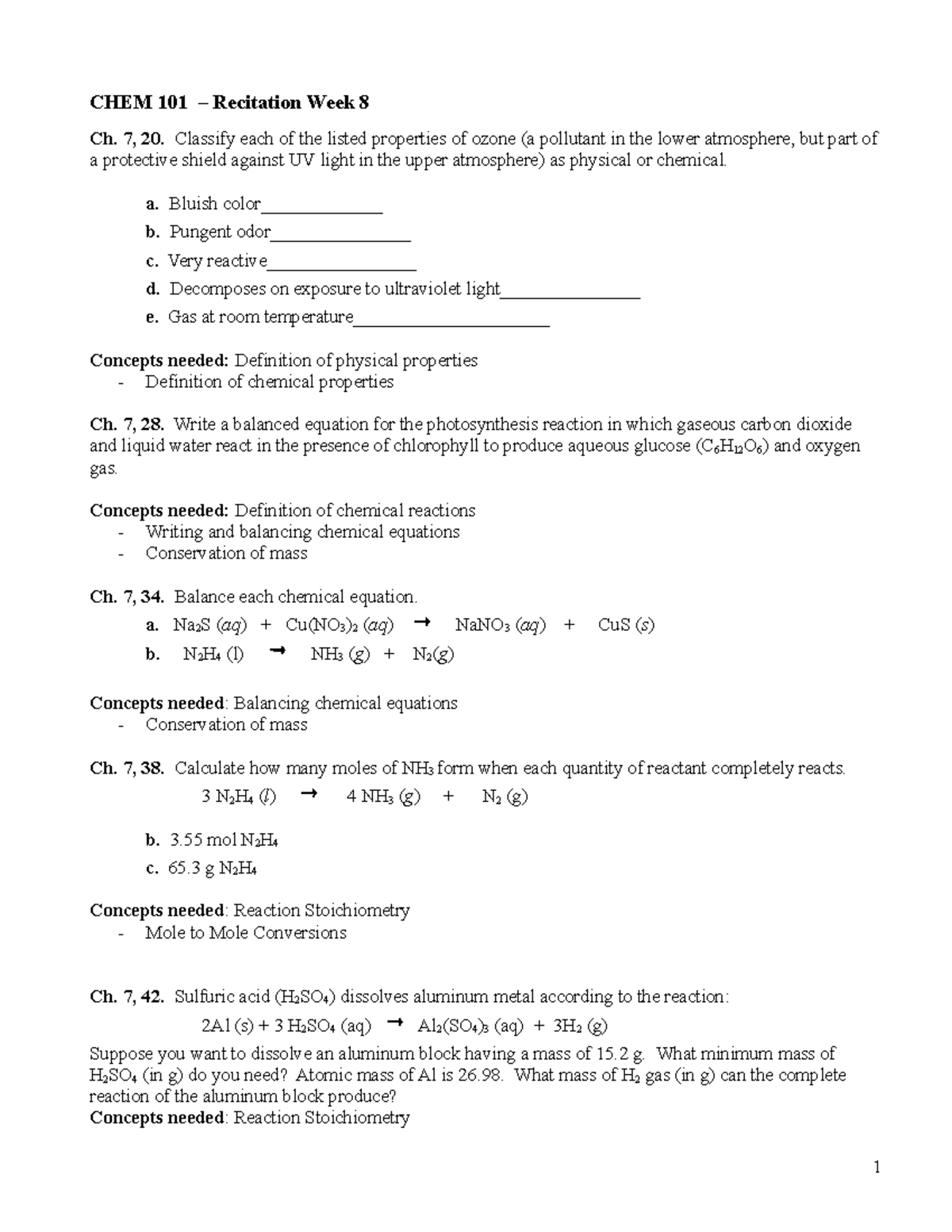 CHEM 101 Recitation Week 8 - CHEM 101 – Recitation Week 8 Ch. 7, 20 ...