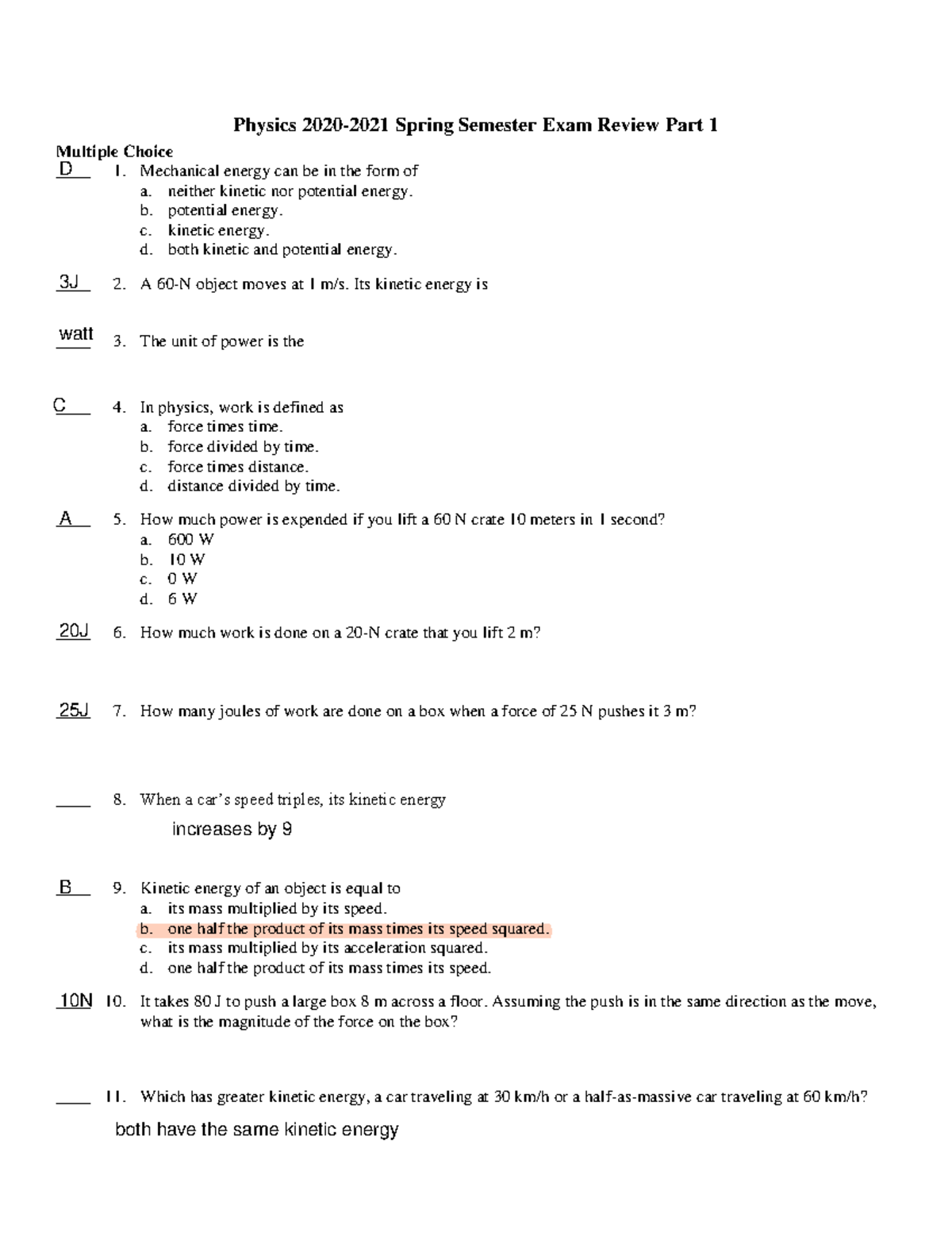 Physics final answer key for students Physics 20202021 Spring