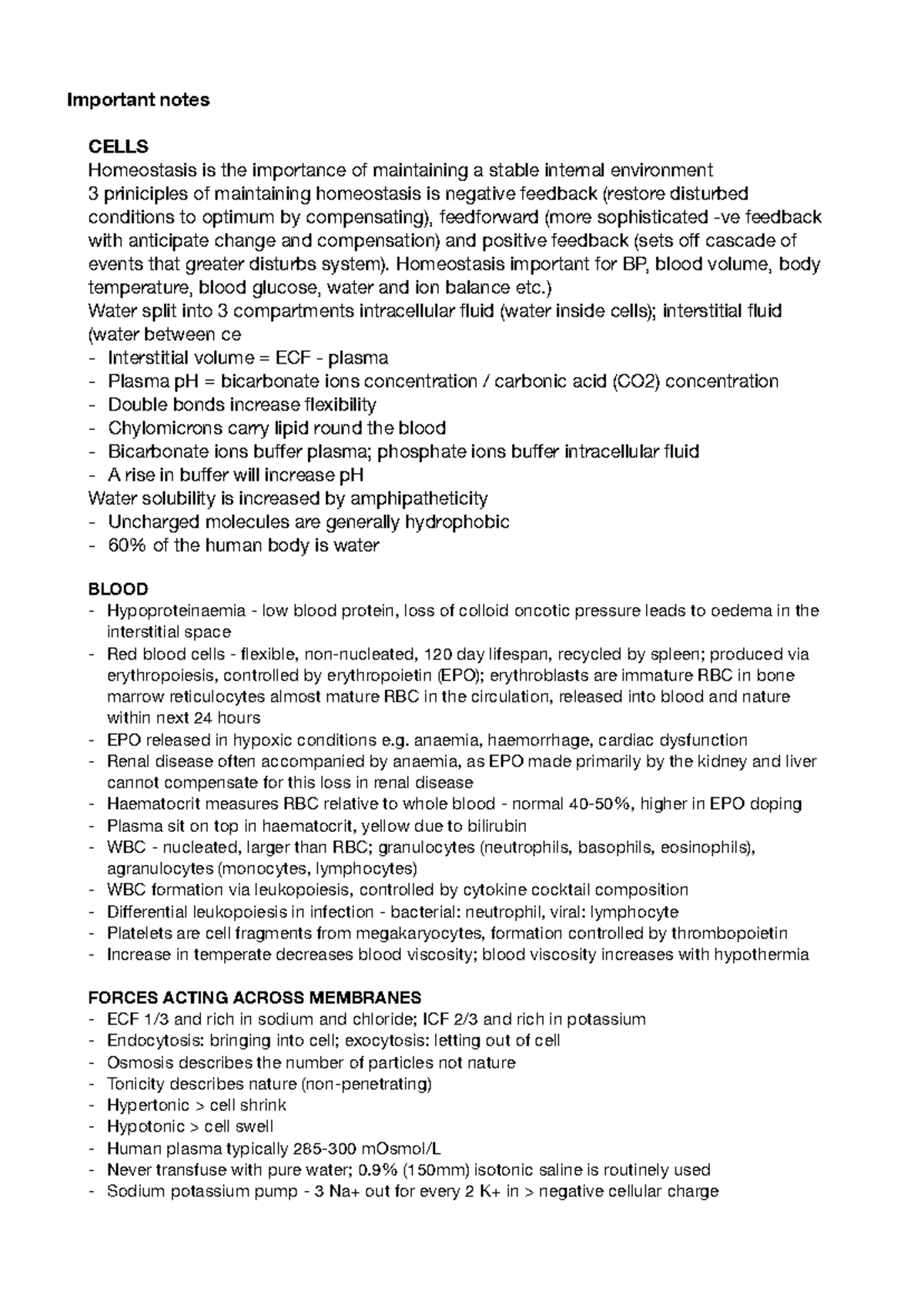 Important-notes.docx - Important notes CELLS Homeostasis is the ...