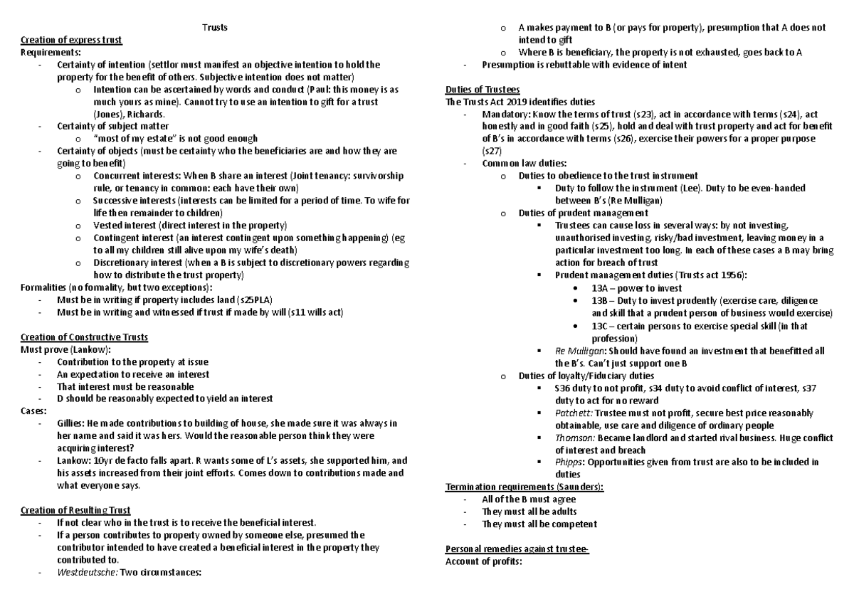 Trusts notes for exam - Trusts Creation of express trust Requirements ...