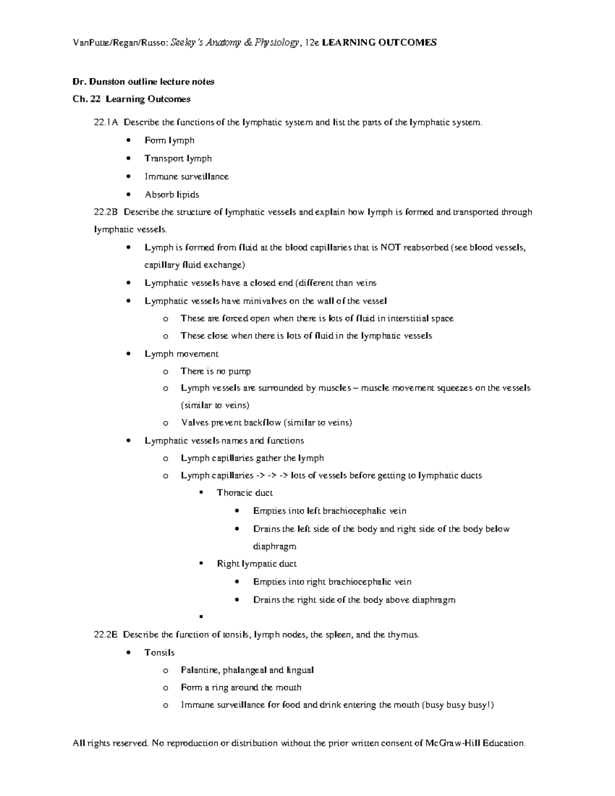 lymphatic system bio 142 - Dr. Dunston outline lecture notes Ch. 22 ...