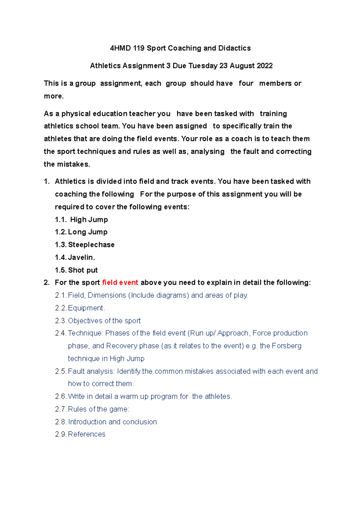 Athletics Assignment 3 Due Tuesday 23 August 2022 - 4HMD 119 Sport ...