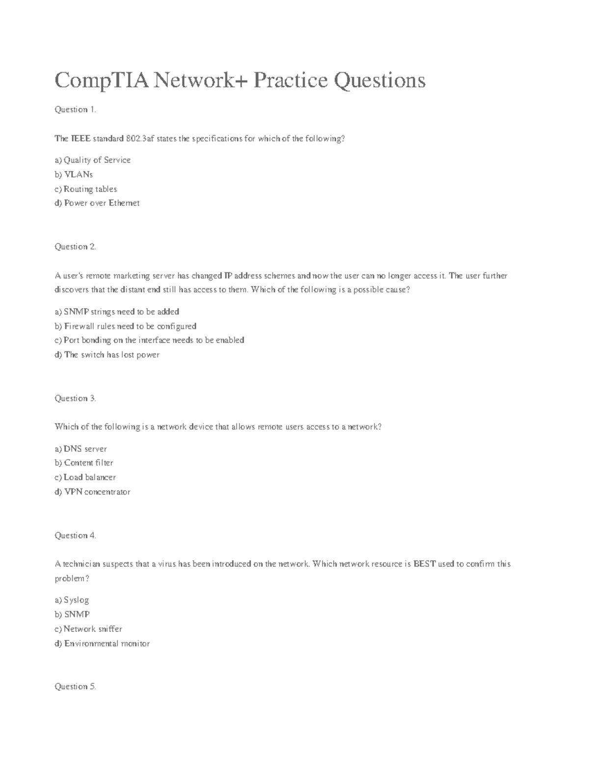 Comp TIA-q - Comp TIA-q - CompTIA Network+ Practice Questions Question ...
