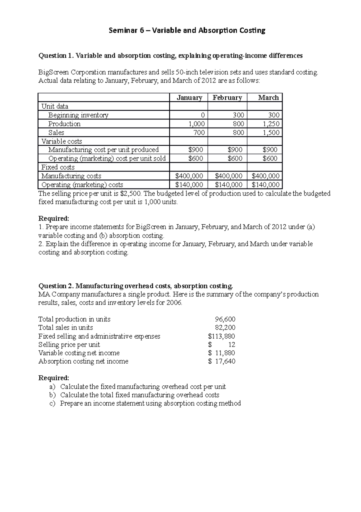 S6 Absorption and Variable costing Open Book Team - Seminar 6 ...