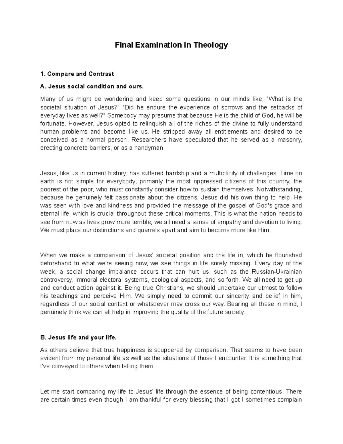 Theology - Final Examination - Final Examination in Theology 1. Compare ...