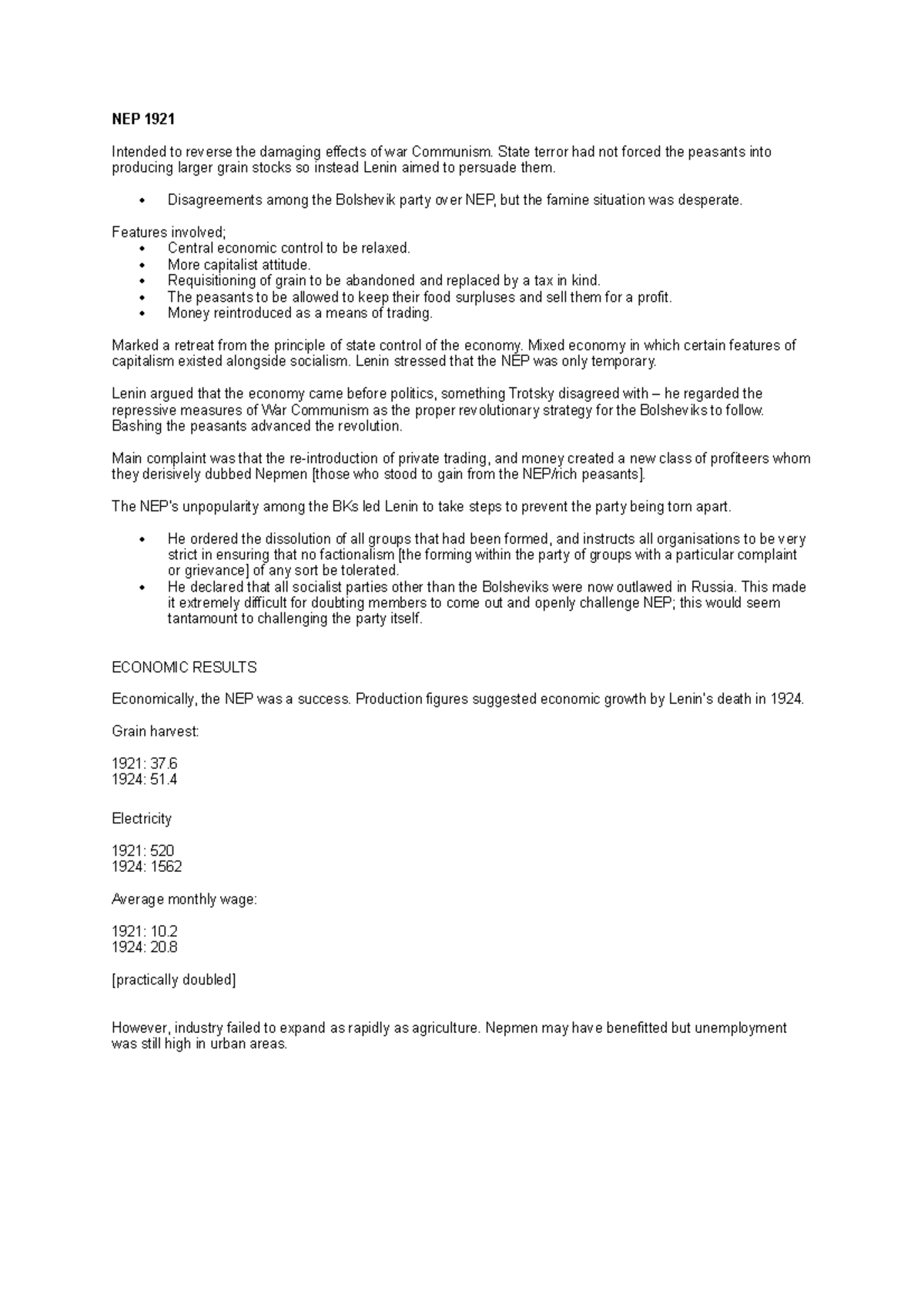 NEP 1921 - Grade: a* - NEP 1921 Intended to reverse the damaging ...