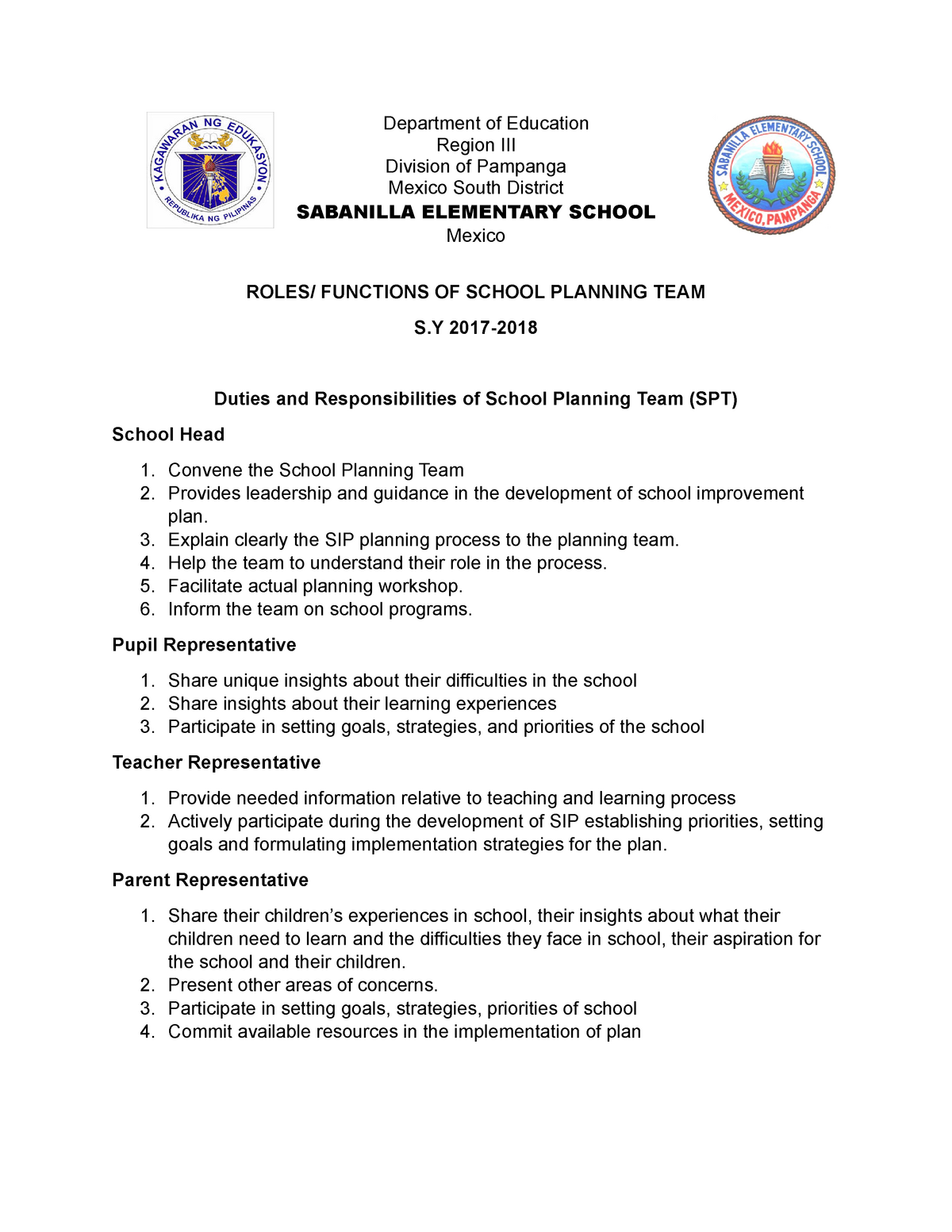 Roles And Function Spt 2017-2018 - Department Of Education Region Iii  Division Of Pampanga Mexico - Studocu