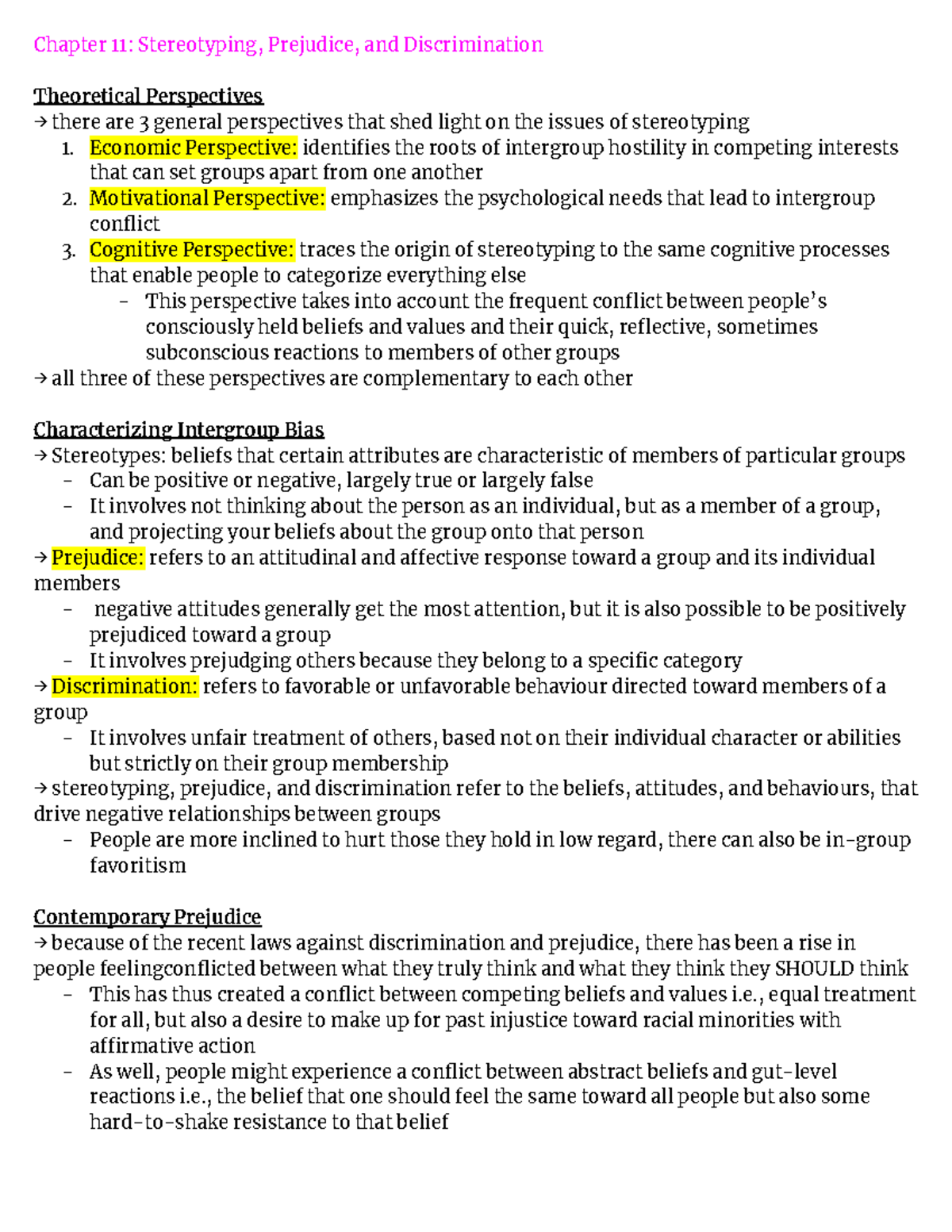 Social Psychology Notes Final - Chapter 11: Stereotyping, Prejudice 