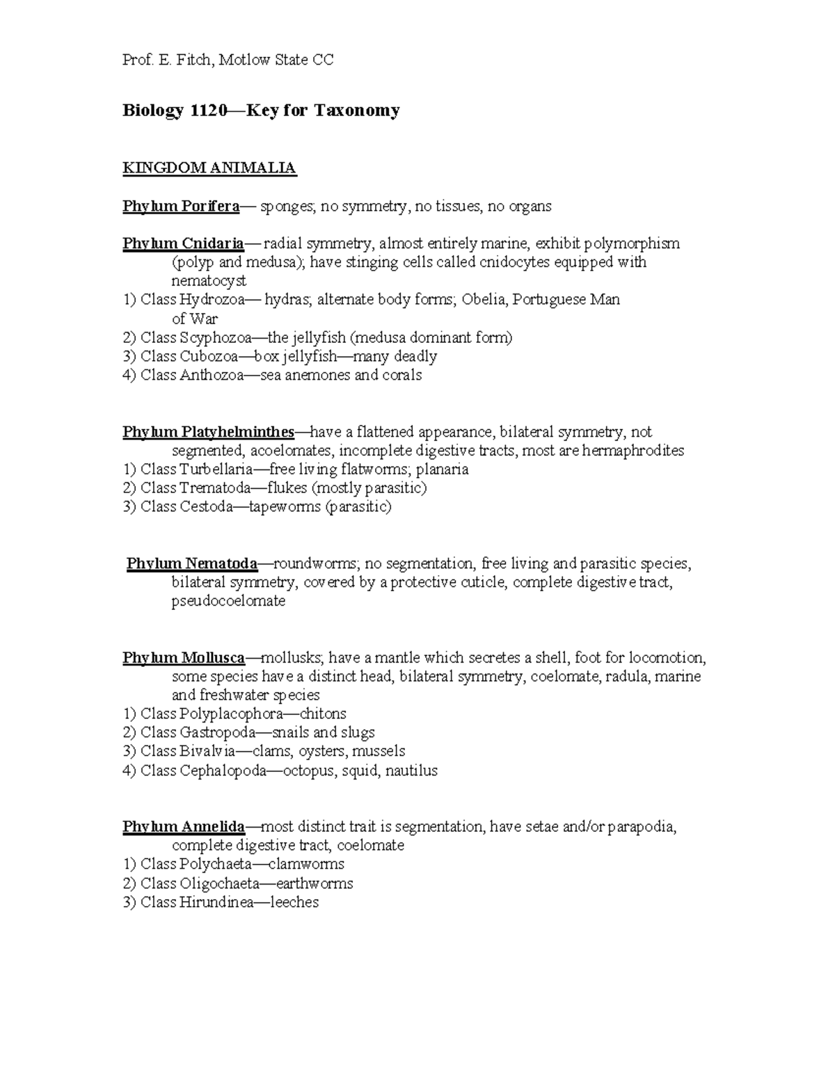 Taxonomyforanimals - Taxonomy for animals Lecture note - Prof. E. Fitch ...