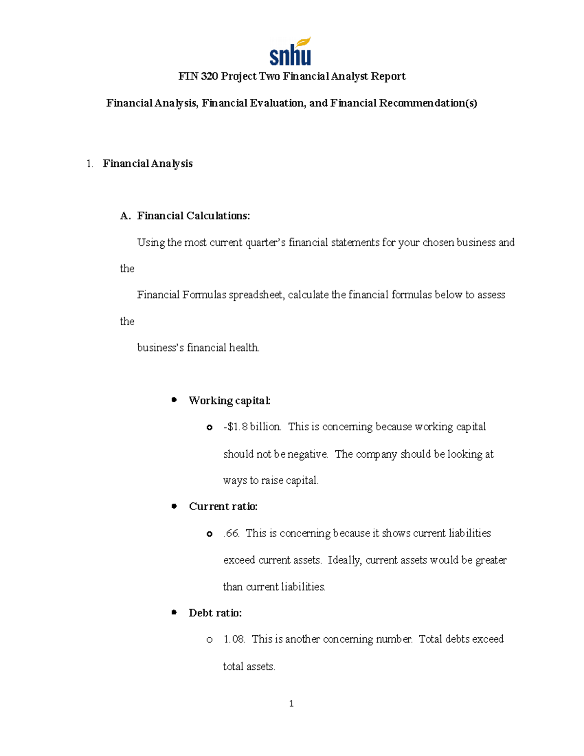 FIN 320 Project Two Financial Analyst Report - Financial Calculations ...