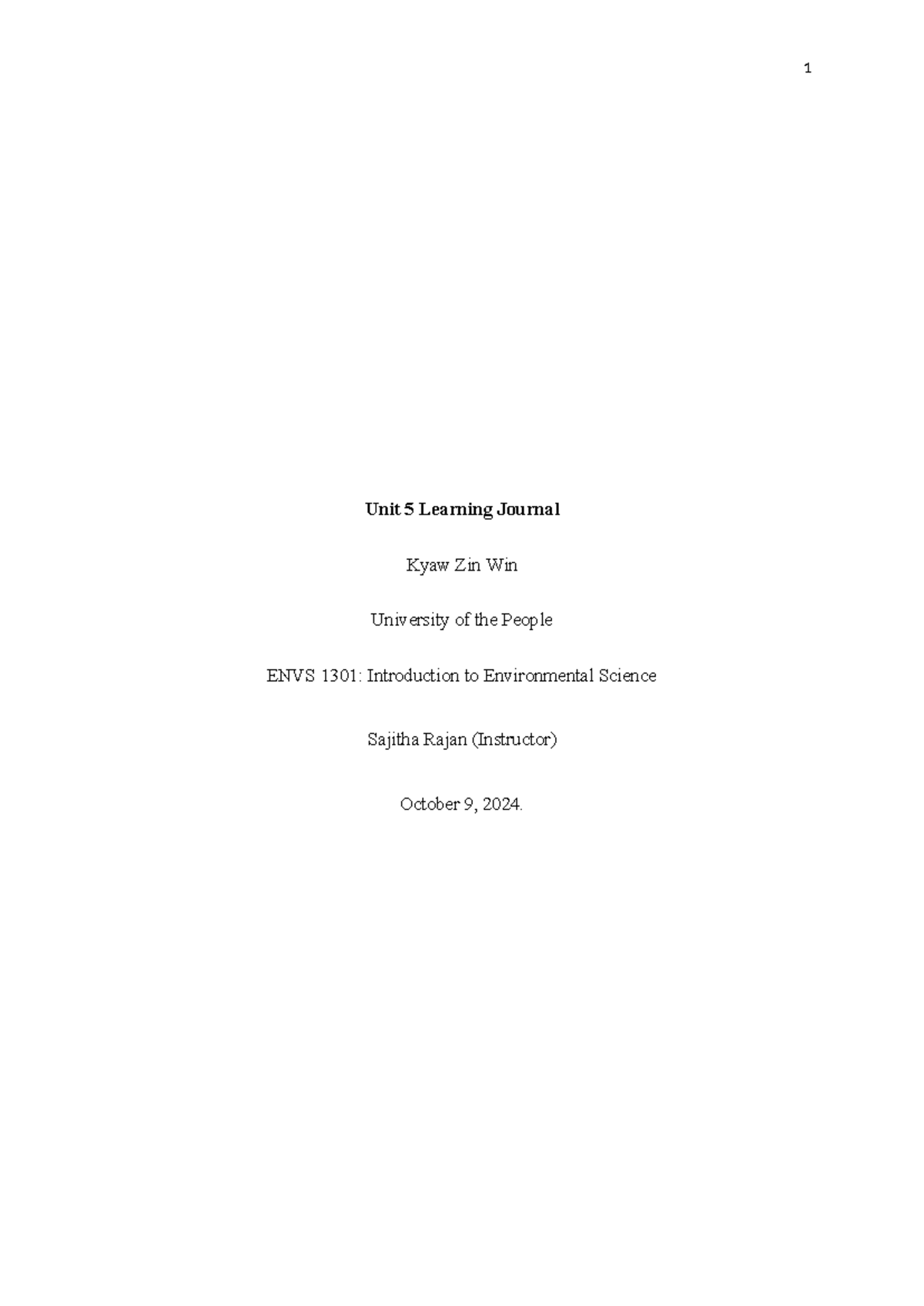 ENVS 1301 Unit 5 Learning Journal - Unit 5 Learning Journal Kyaw Zin ...