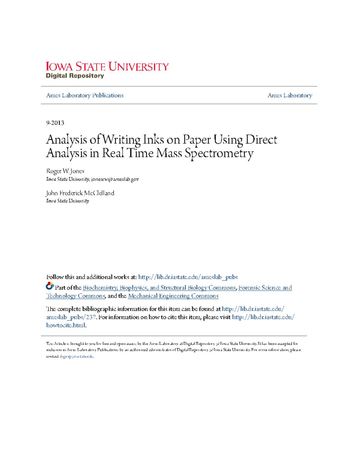 Analysis of Writing Inks on Paper Using Direct Analysis in Real - Ames ...
