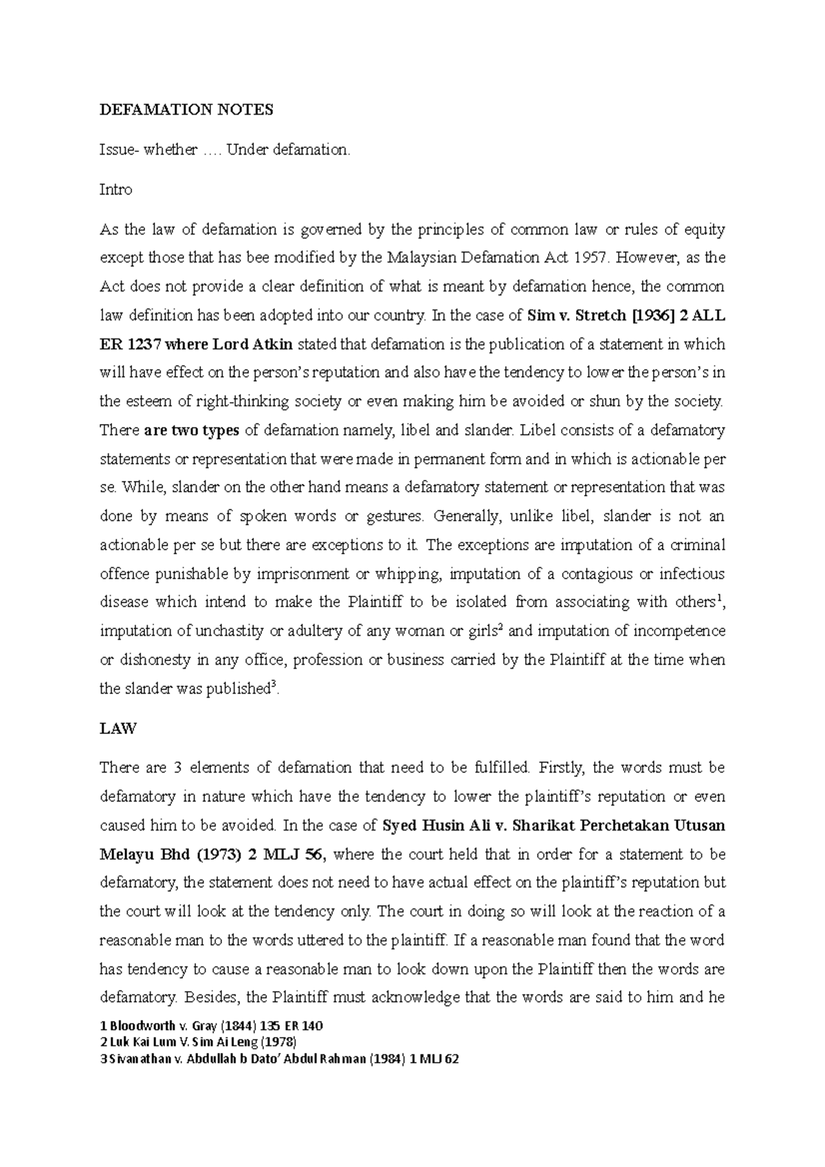 Defamation Notes - DEFAMATION NOTES Issue- whether .... Under ...