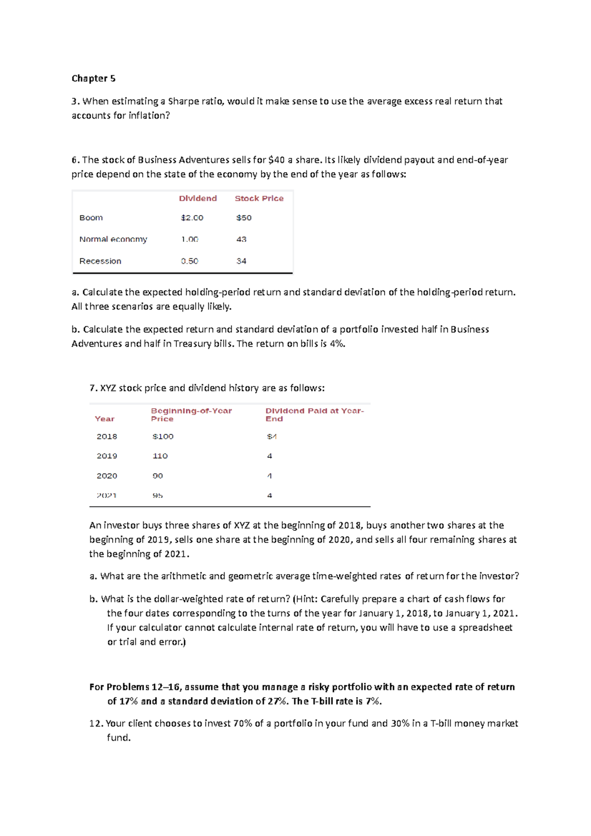 Week 3 - Tut - Risk Return N Investor Preference - Question - Chapter 5 ...